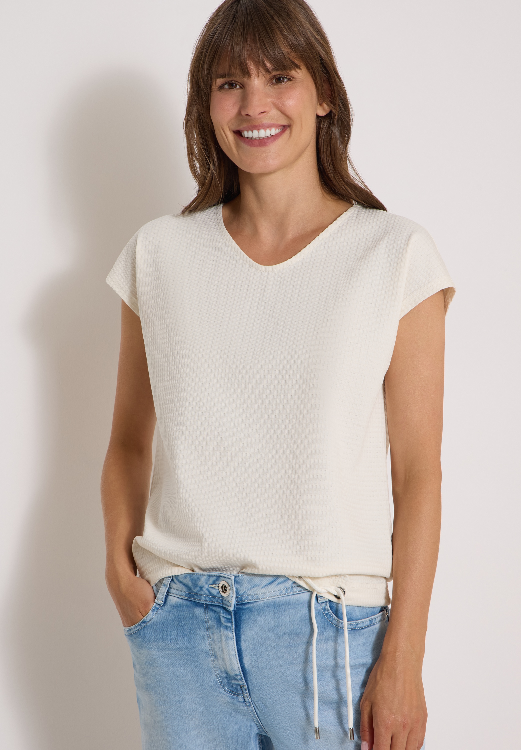 Image of Cecil T-Shirt Sommershirt mit Waffel-Struktur, Baumwollmix, Kordelzug am Saum