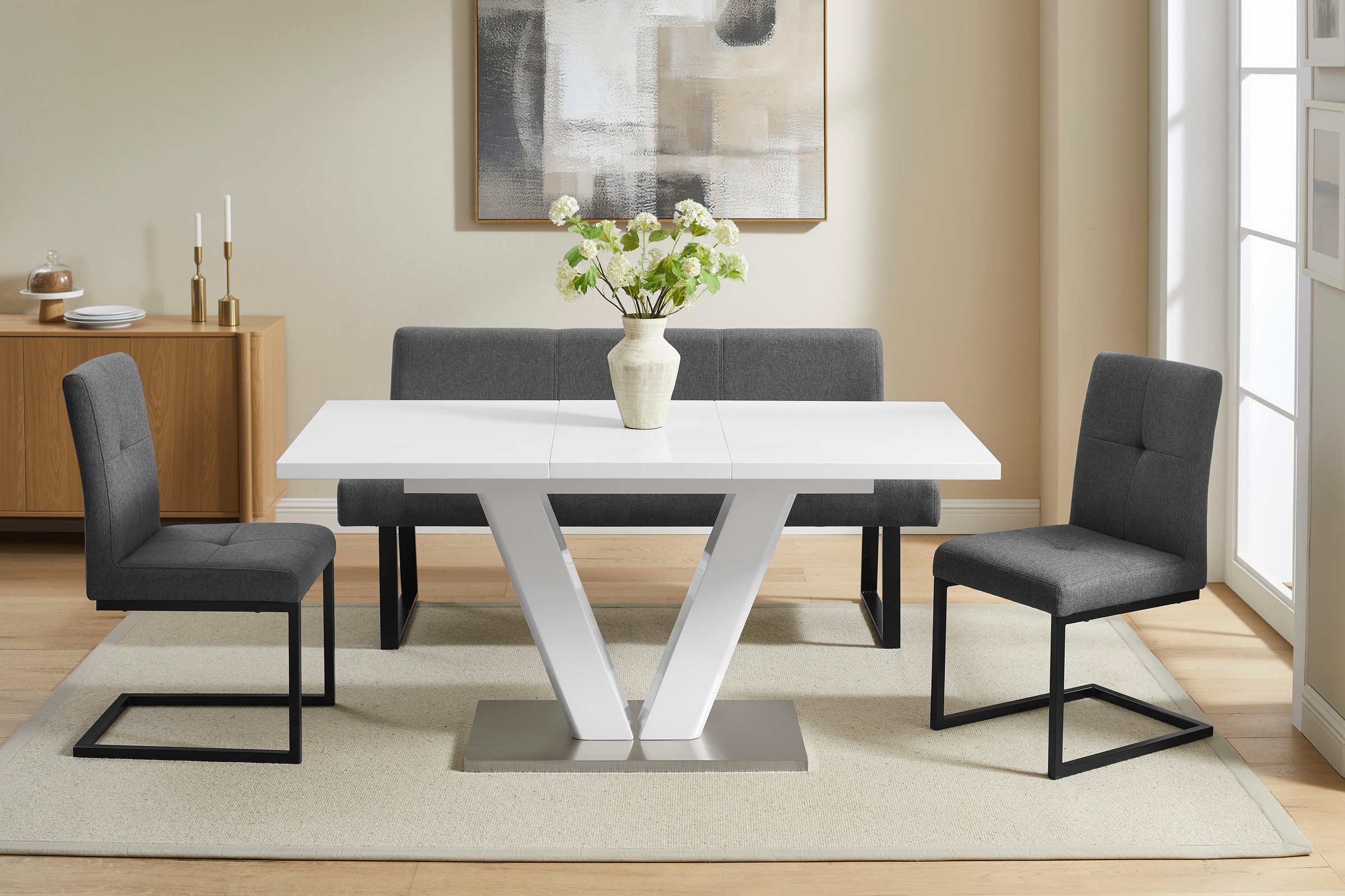 GOODproduct Essgruppe »Gellina« Set, 4 tlg. ausziehbarer Esstisch, Freischwinger, Sitzbank mit Rückenlehne