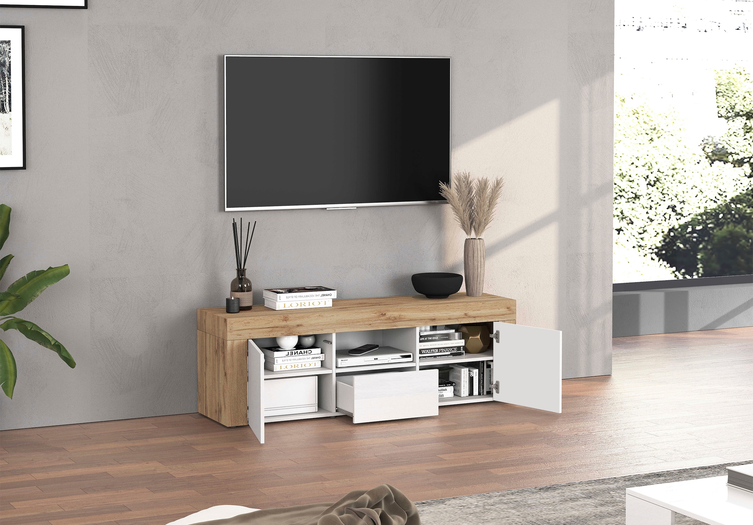 GOODproduct Lowboard »CHRONOS Breite 155 cm mit 2 Türen, 1 Schublade,1 offenes Fach« 1 Stk. tlg. TV-Board, Sideboard niedrig, Grifflos mit Push to Open 'Made in Italy'
