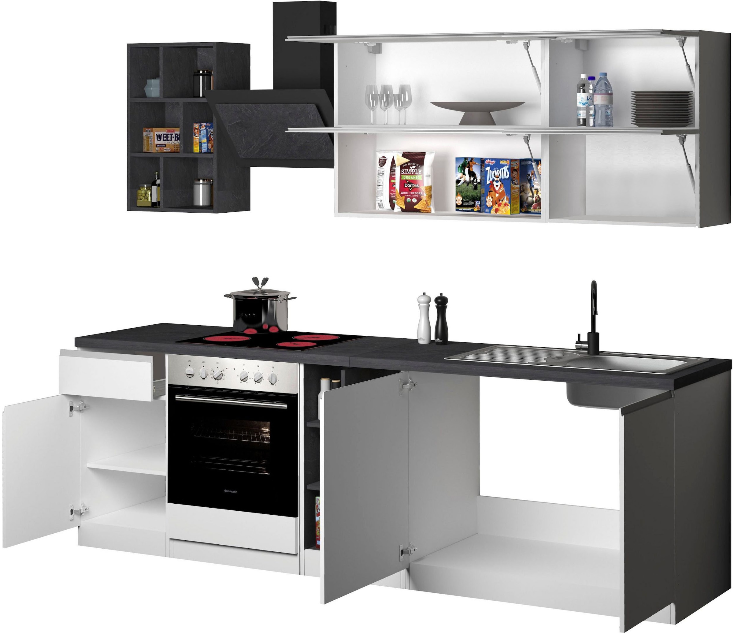 KOCHSTATION Kitchenette »KS-Sole« Breite 256 cm, Hängeschränke mit Milchglas, ohne E-Geräte