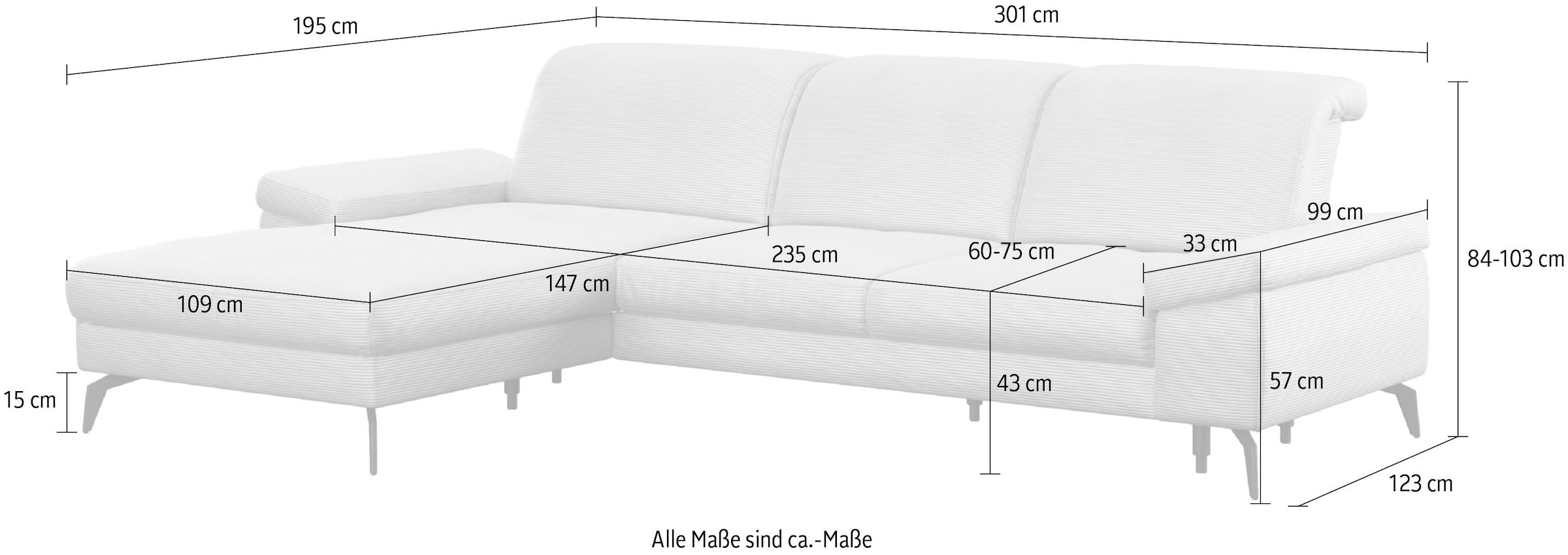 sit&more Ecksofa »Cabana L-Form«, Recamiere, wahlweise mit Sitztiefen-, Armlehnen- und Kopfteilfunktion