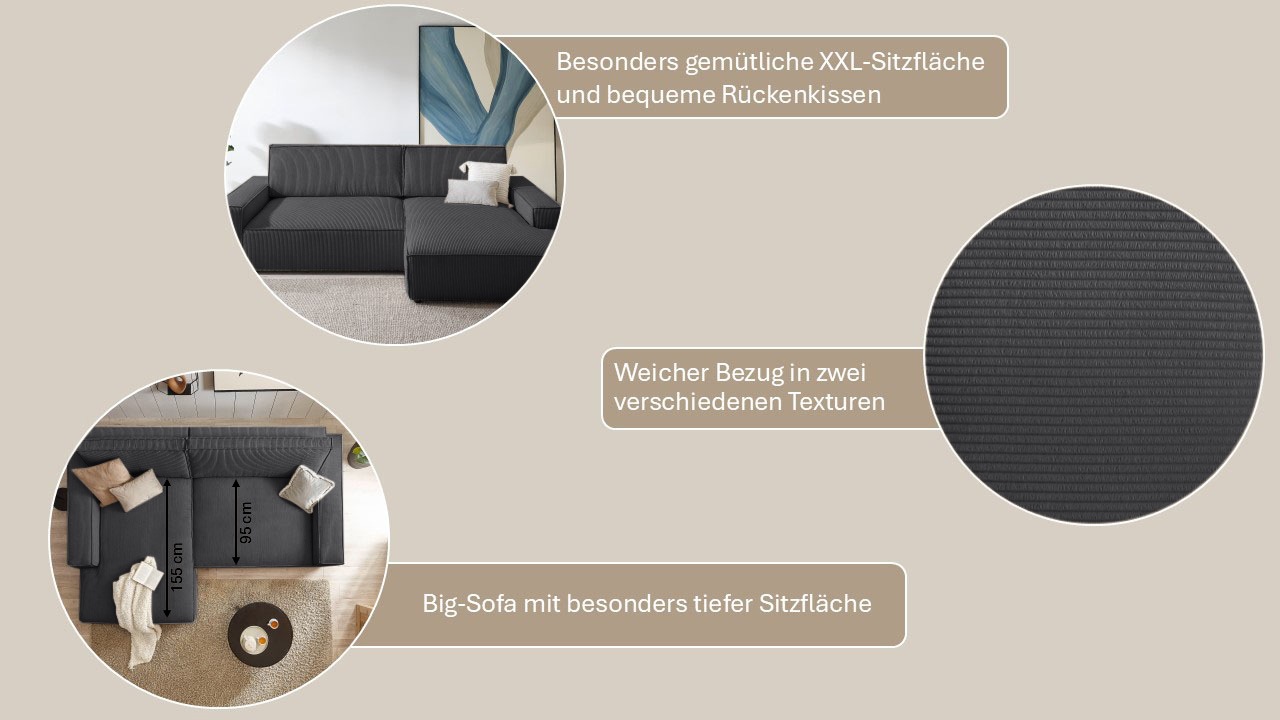 Home affaire Canapé d'angle »NEU: SHERWOOD XXL 284, Big-Sofa L-Form, tiefe Sitzfläche 95 cm, Cord« Recamiere rechts/links, als Schlafsofa stellbar, Cord u. Leinenoptik