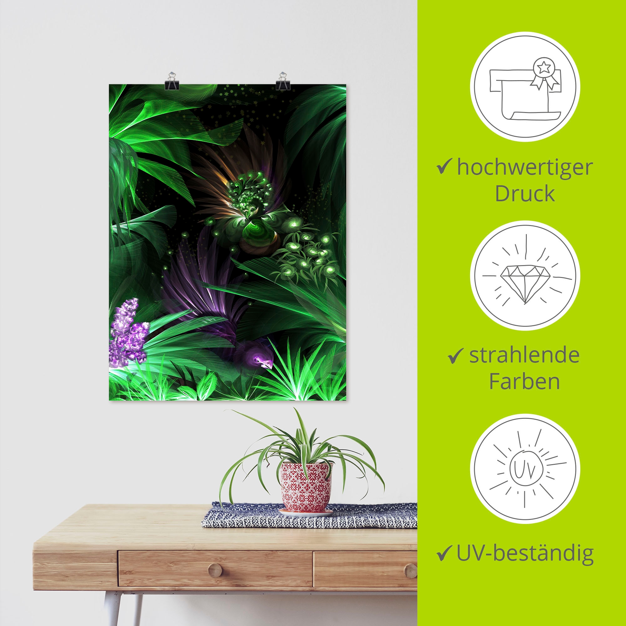Artland Poster »Paradiesvögel im Wald«, Waldbilder, (1 St.), als Alubild, Leinwandbild, Wandaufkleber oder Poster in versch. Grössen