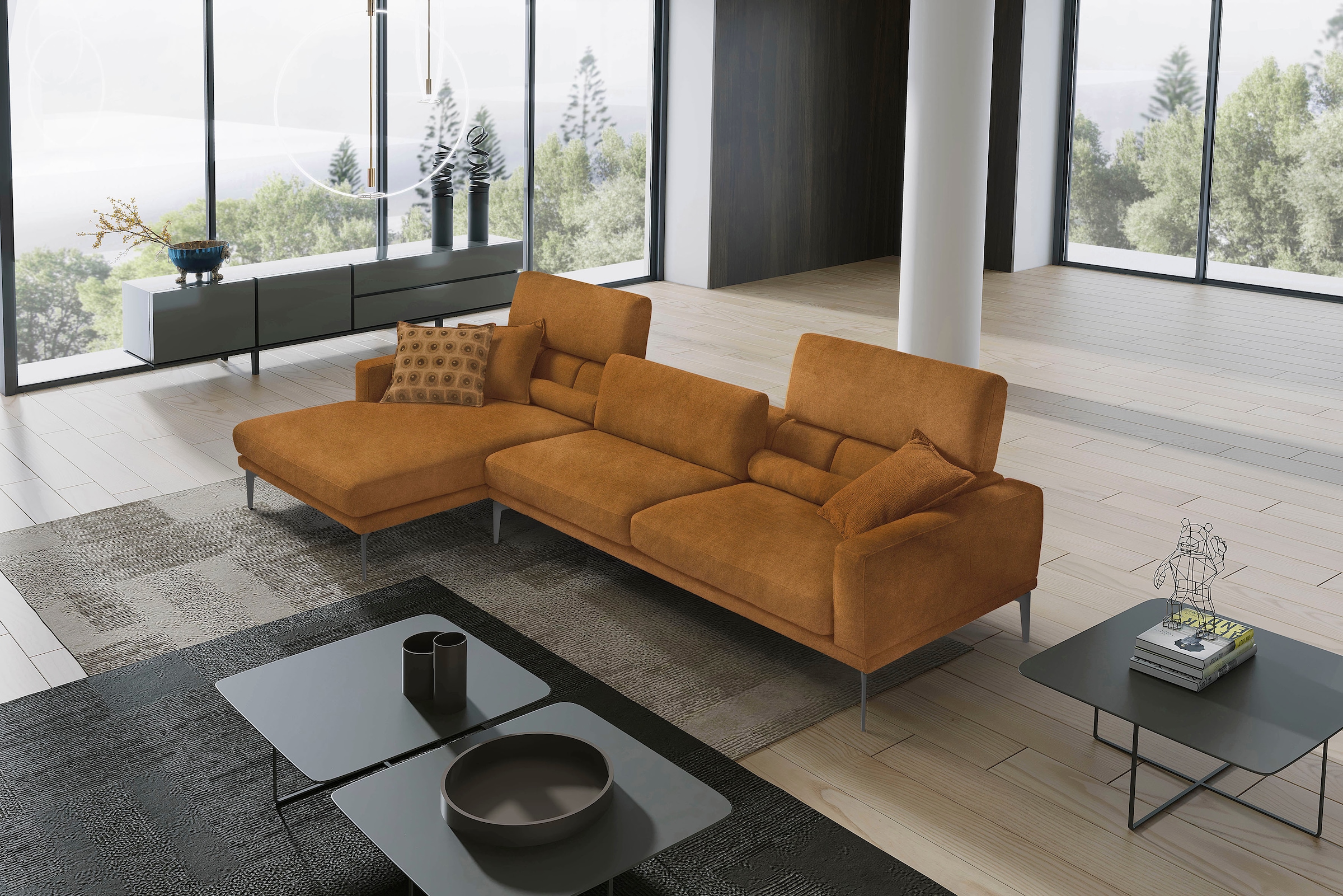 Image of Egoitaliano Ecksofa "Masu, Design trifft sensationellen Sitzkomfort, Breite 277cm, L-Form" inkl. 2 Kissenrollen, Rückenelemente manuell verstellbar, Metallfüsse
