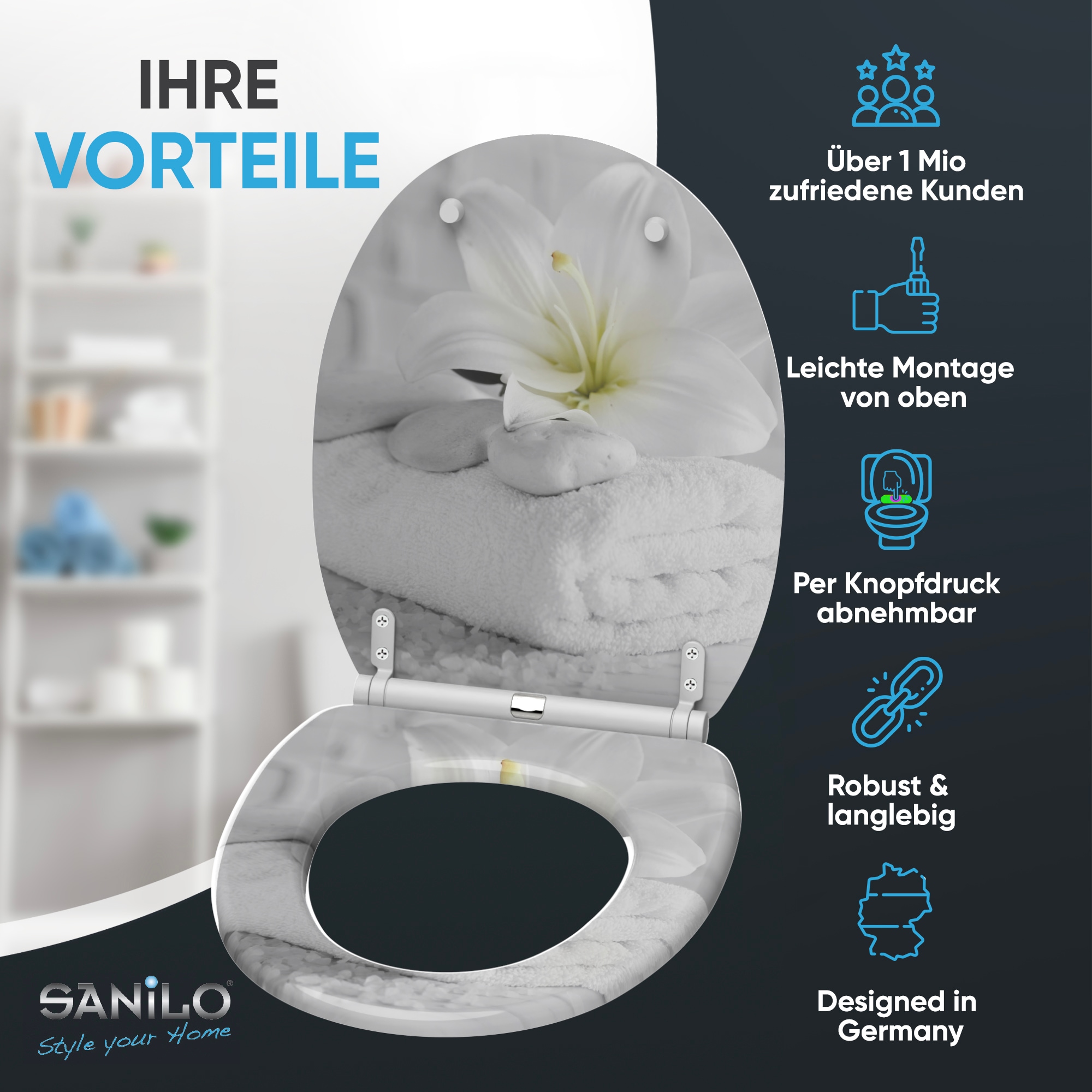 Sanilo Siège de WC »Good Feeling mit Absenkautomatik & Quick Release« Premium Toilettendeckel, abnehmbar, leichte Montage von oben