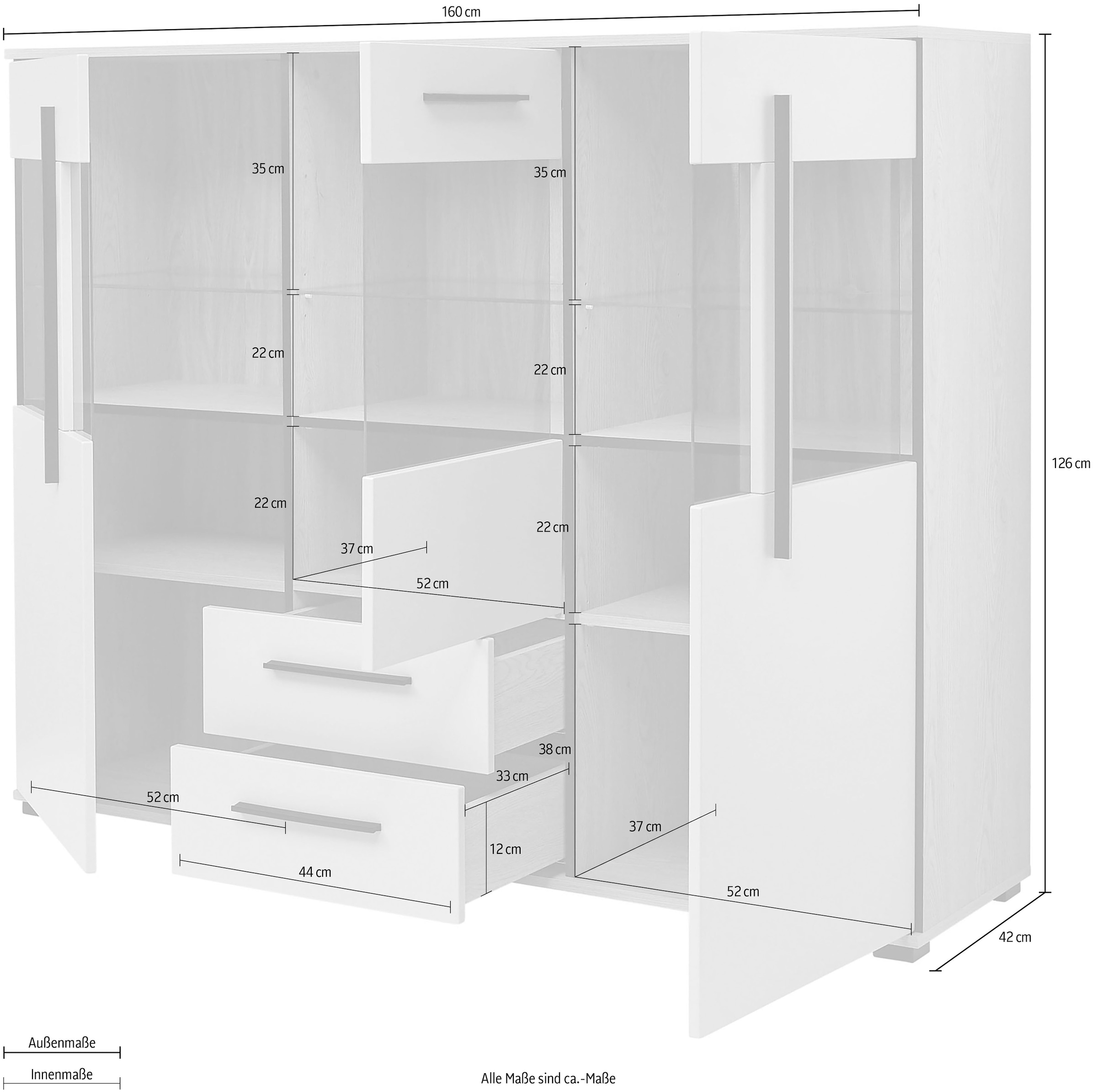 Home affaire Buffet haut »Cantara, moderner Schrank, Vitrine in Eiche Dekor, Weiss oder Kaschmir« poignées noires en barre, espace de rangement suffisant, polyvalent