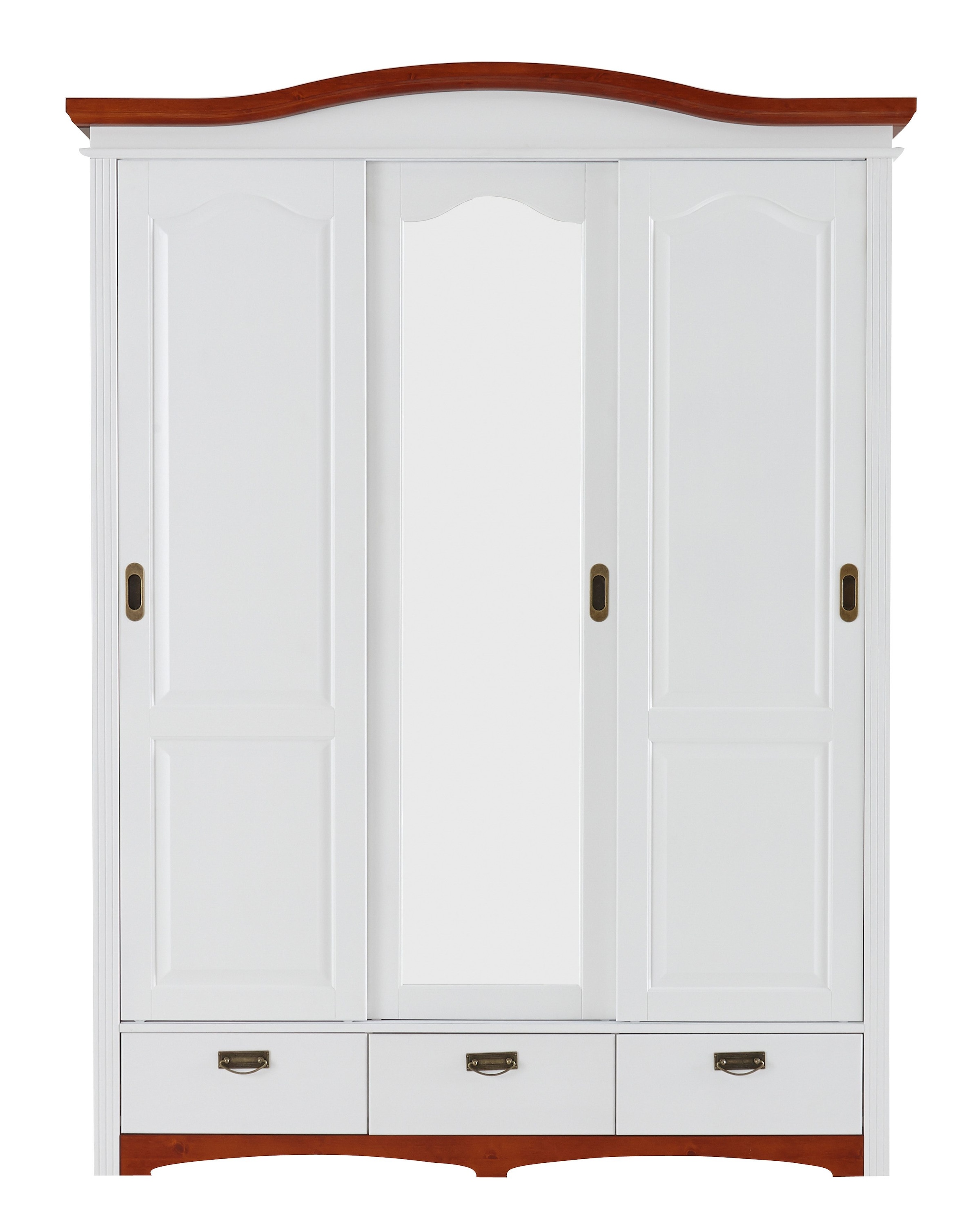 Home affaire Schiebetürenschrank »Konrad, Landhausstil, rustikal, mit Schubladen + Spiegel, Kassetten«, (3 Breiten: 153/202/249 cm H/T ca.207/64 cm), massive Kiefer, FSC®-zertifiziert, Messinggriffe, mehrere Varianten