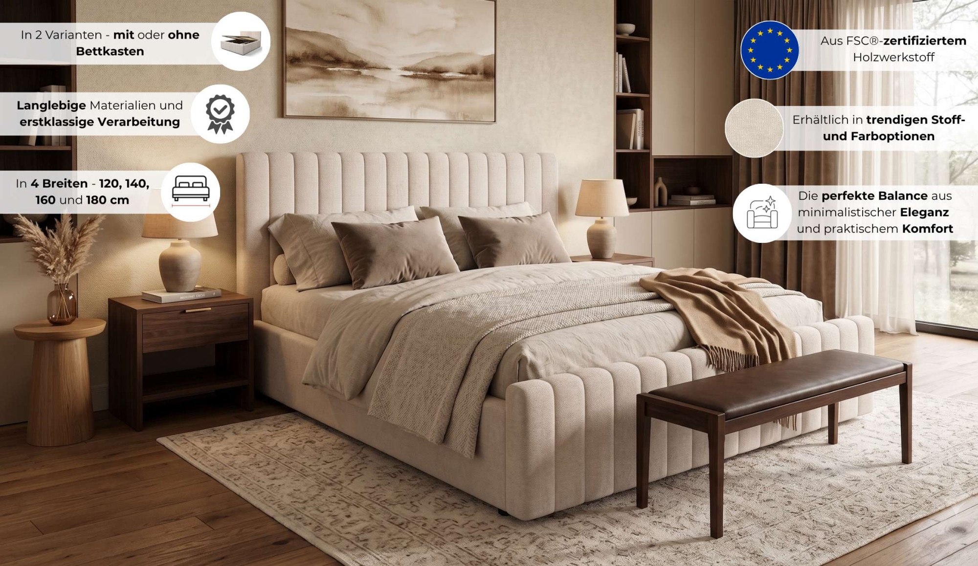 GOODproduct Polsterbett »MOIVRE, vertikale Steppung in Rillenoptik, wahlweise mit Bettkasten« Stauraumbett, gepolstertes Kopfteil, ohne Matratze, modernes Design