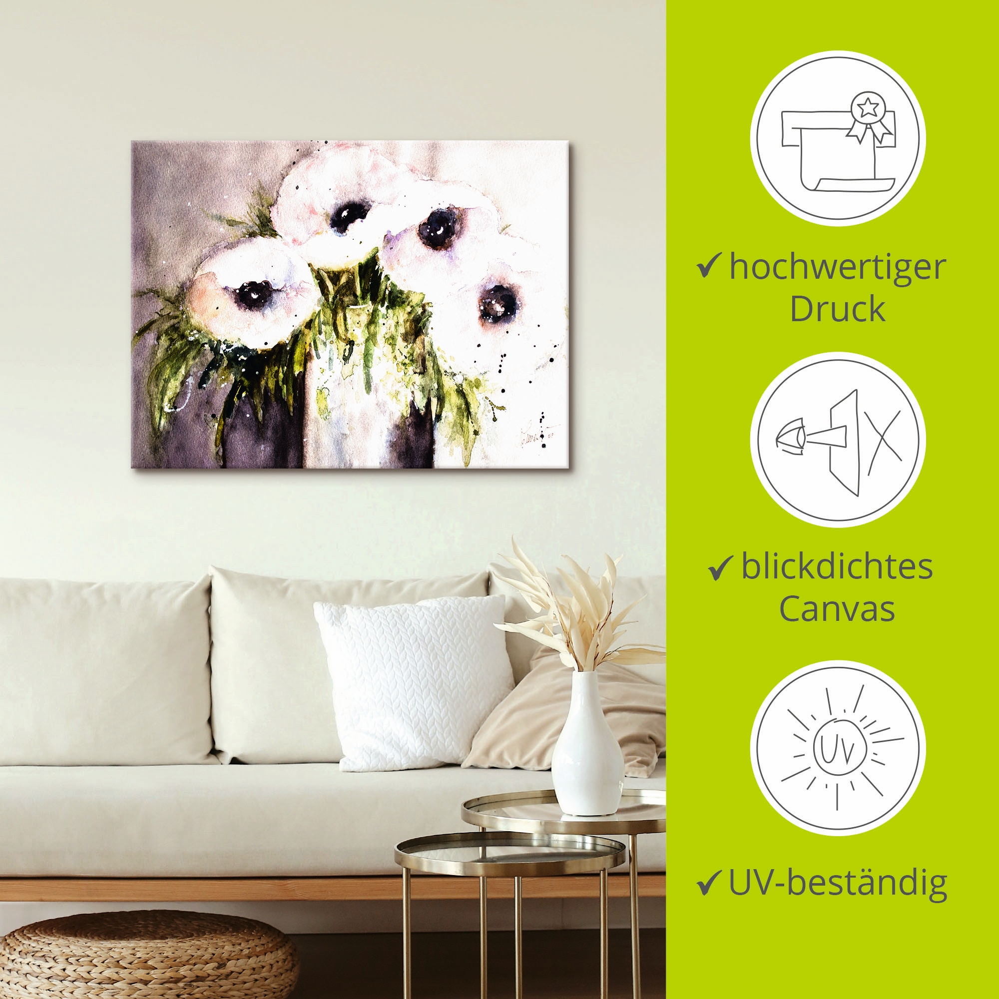 Artland Leinwandbild »Lila Mohn in Vase«, Blumen, (1 St.), auf Keilrahmen gespannt