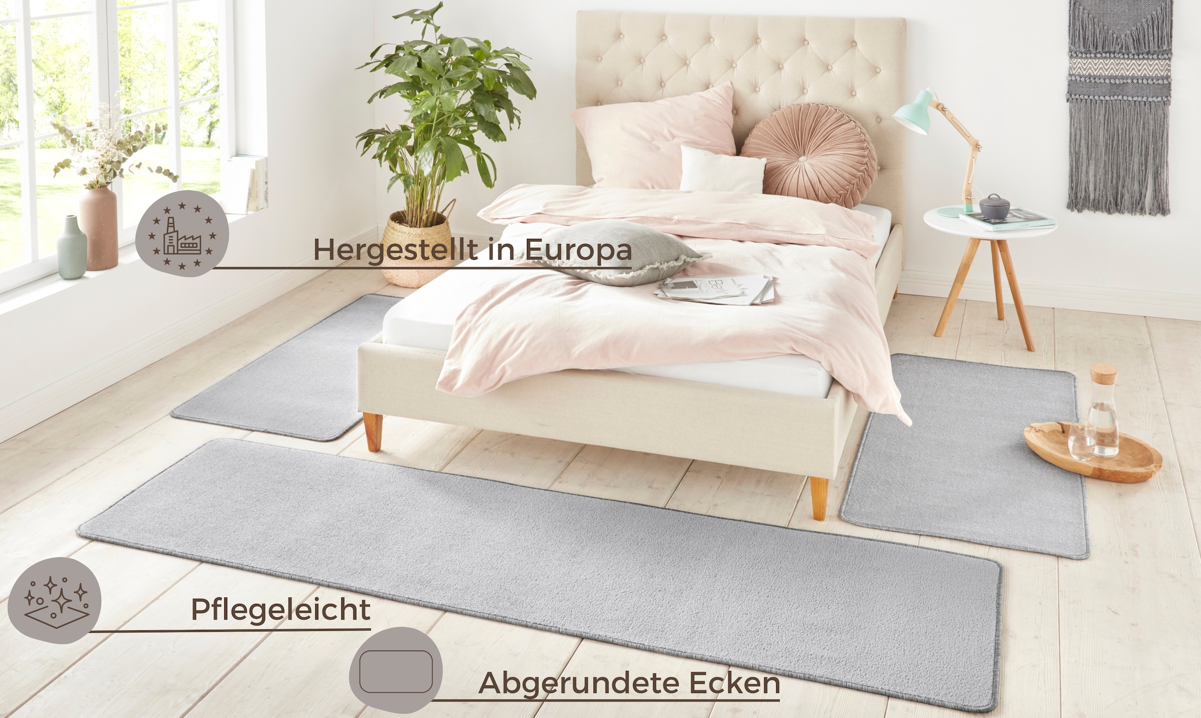 HANSE Home Bettumrandung »Shashi«, (3 tlg.), Kurzflor, Unifarben, Teppich, Bettläufer, Bettvorleger, Teppichläufer