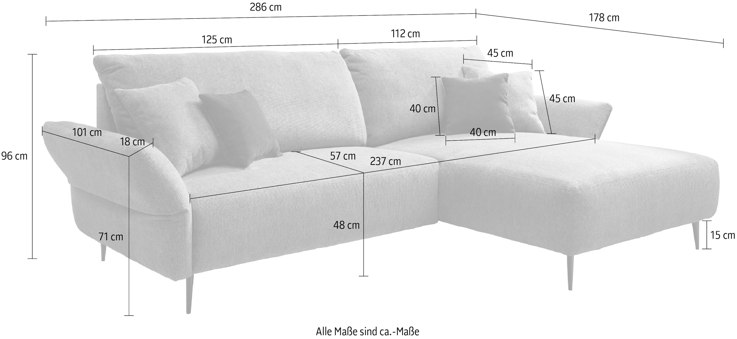 INOSIGN Ecksofa »Amarena L-Form«, inklusive Armlehnenverstellfunktion, 4x Zierkissen gratis