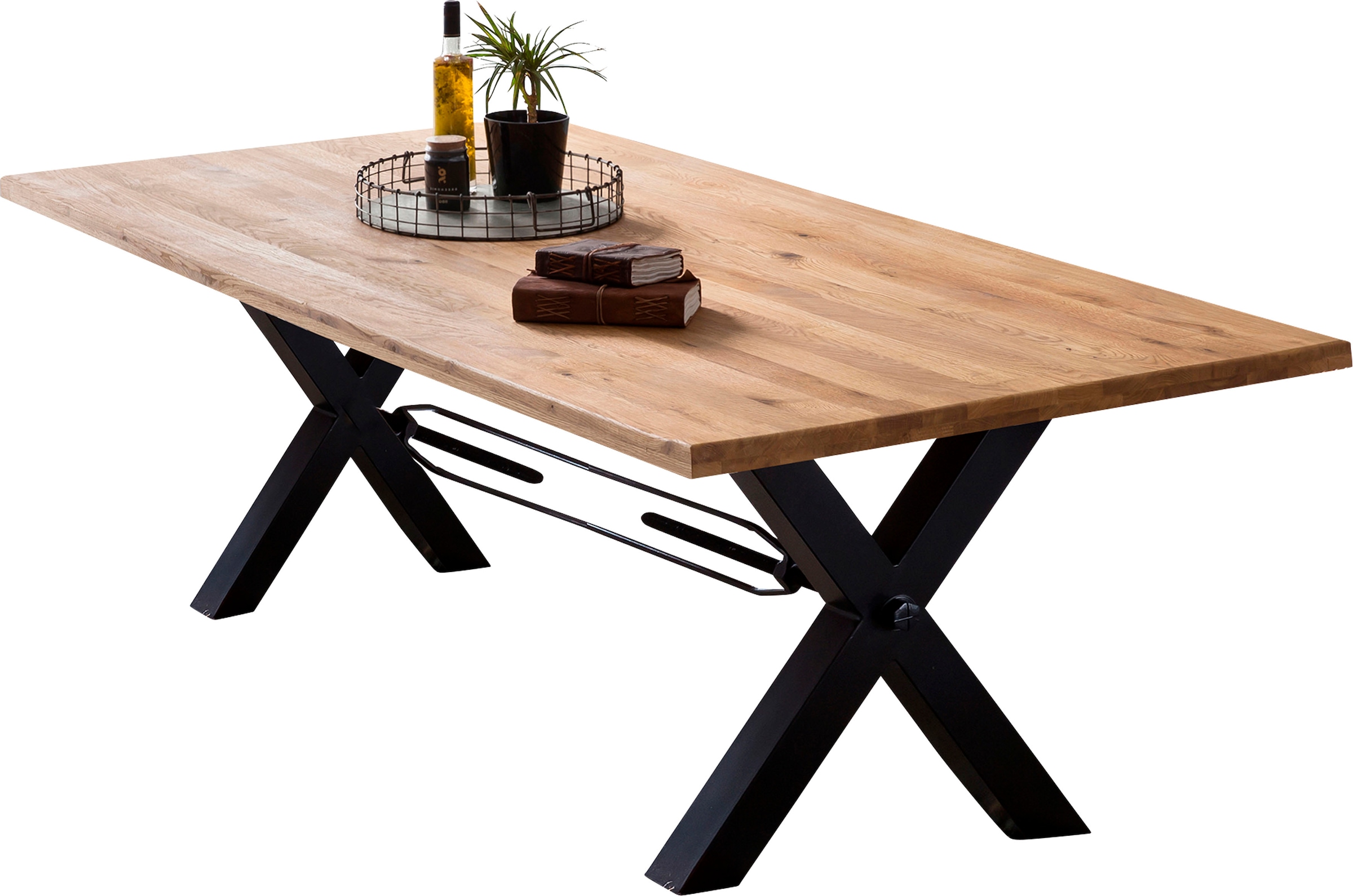 SIT Table de salle à manger »Gent Wildeiche Massivholz mit X-Gestell aus Metall, Industrial« Structure en métal robuste en X pour une haute stabilité