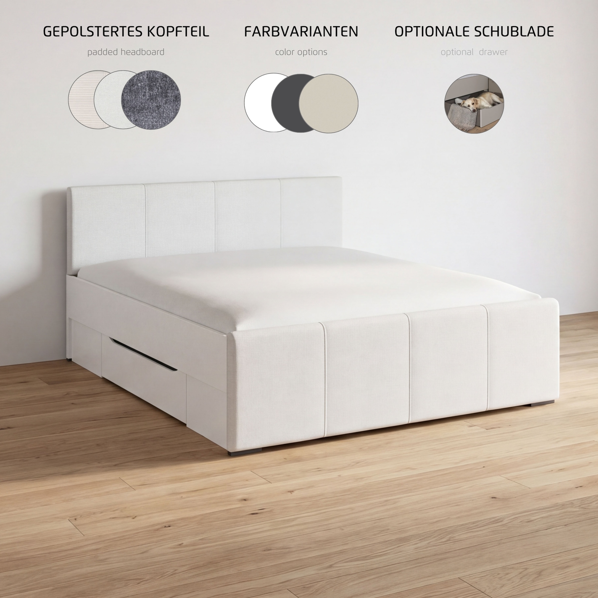 GOODproduct Bett »Doppelbett Polsterbett Stauraumbett AGORDO« 180x200 cm, Kopf- und Fussteil aus Cordstoff oder Webstoff,  praktische Bettschubkästen für zusätzlichen Stauraum MADE IN GERMANY