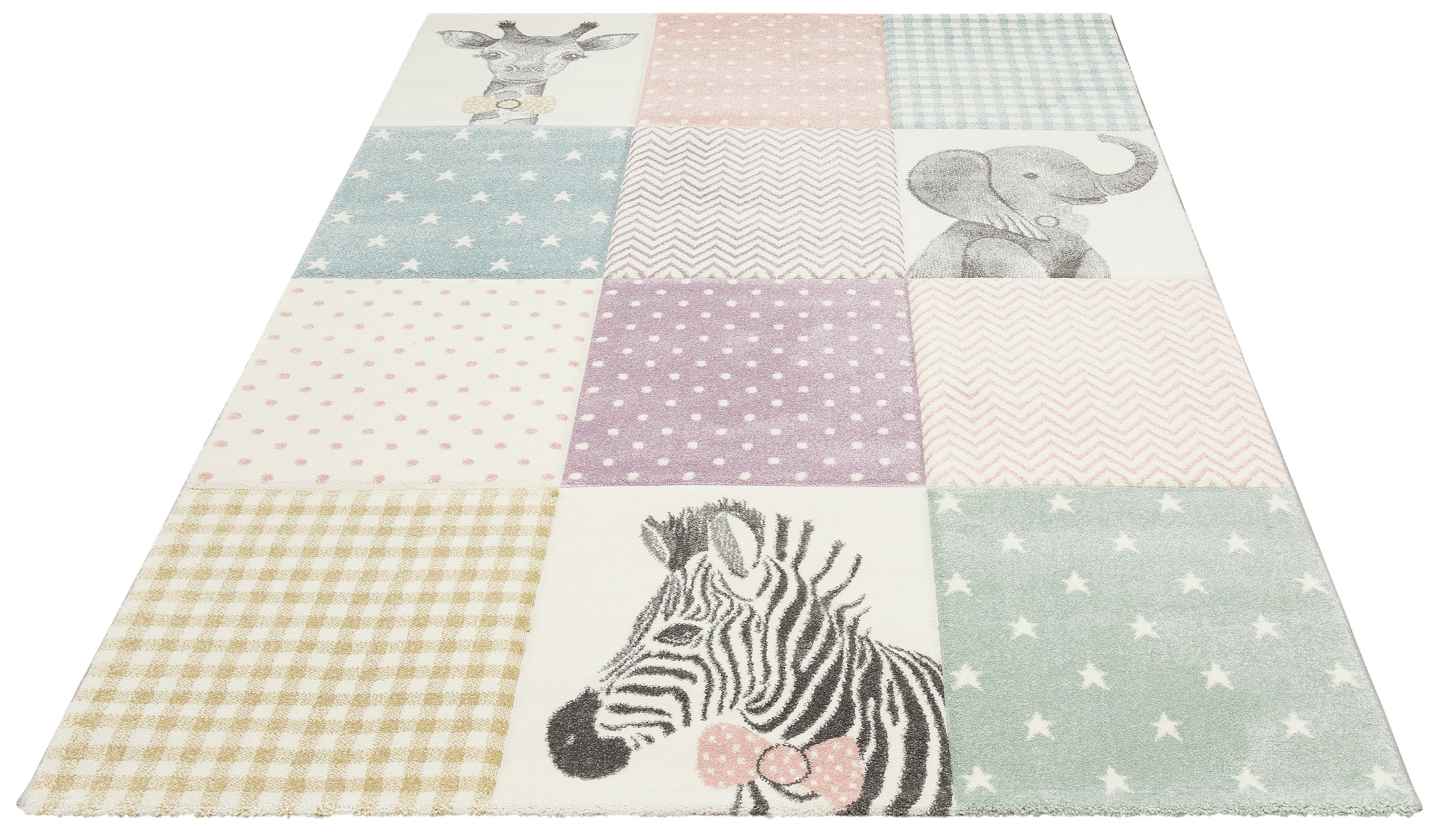 Image of Lüttenhütt Kinderteppich »Wilde Tiere«, rechteckig, 13 mm Höhe, Hoch-Tief Effekt, Kurzflor, Teppich im Karo-Muster, mit Streifen, Sternen, Giraffe, Elefant, Zebra, ideale Teppiche fürs Kinderzimmer bei Ackermann Versand Schweiz