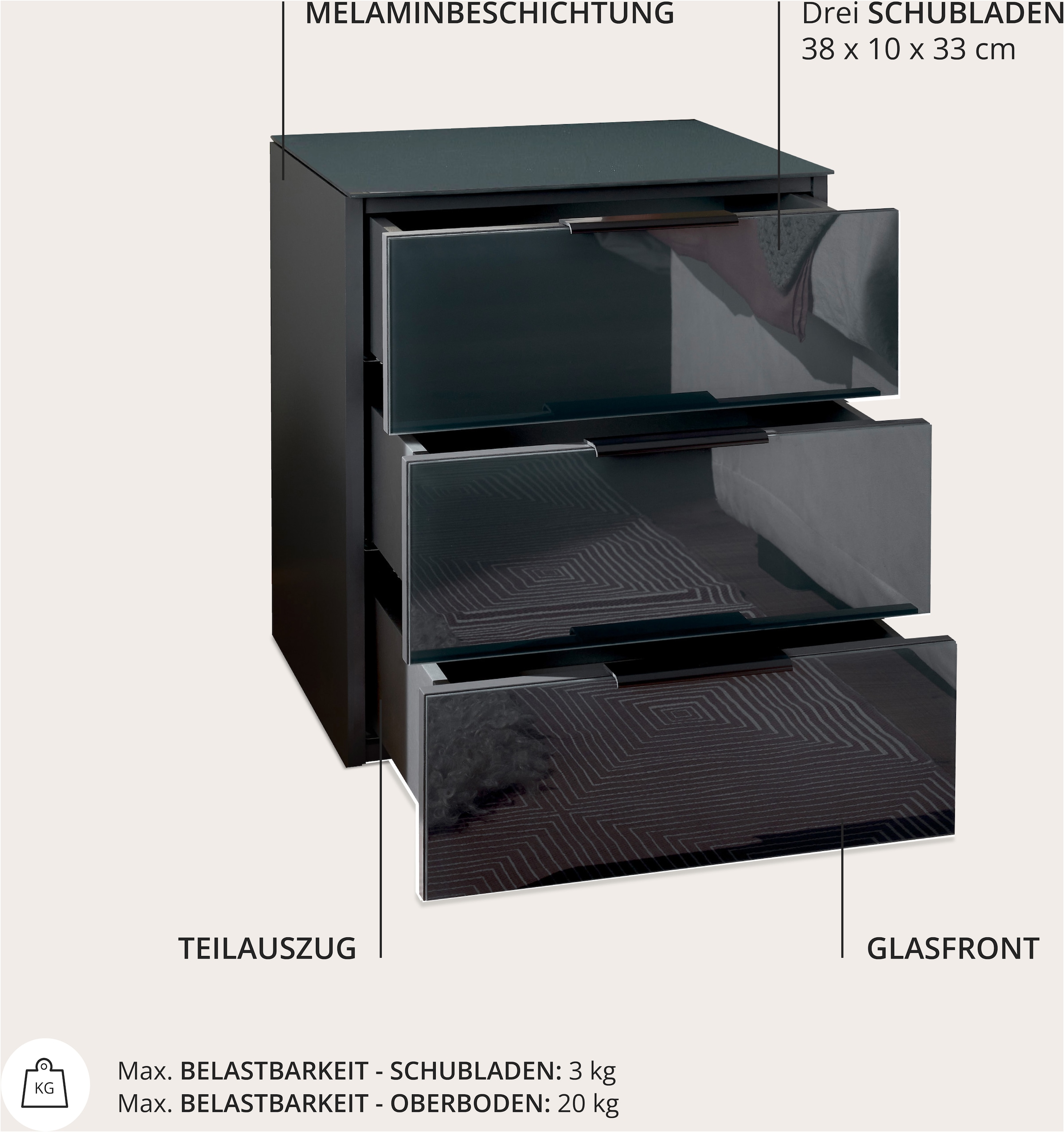 Schlafkontor Table de nuit »Pari Nachtkonsole, Nachtschrank, Nachttisch« mit 3 Schubkastenfronten aus Glas