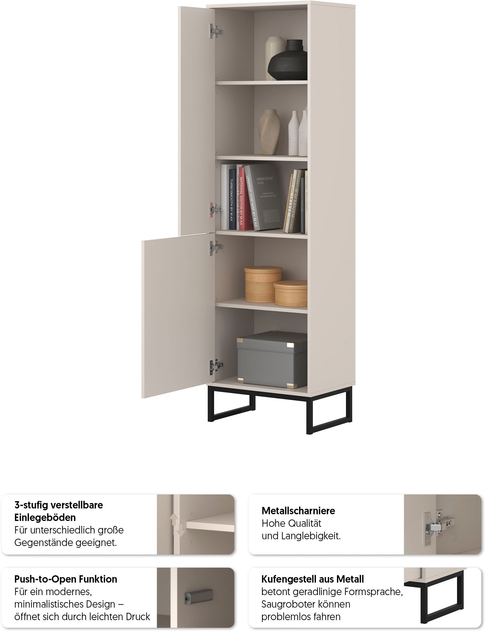 GOODproduct Vitrine »Loft, Höhe 180 cm, moderne grifflose Standvitrine mit 2 Türen« Hochschrank mit viel Stauraum, verstellbaren Einlegeböden, Regal