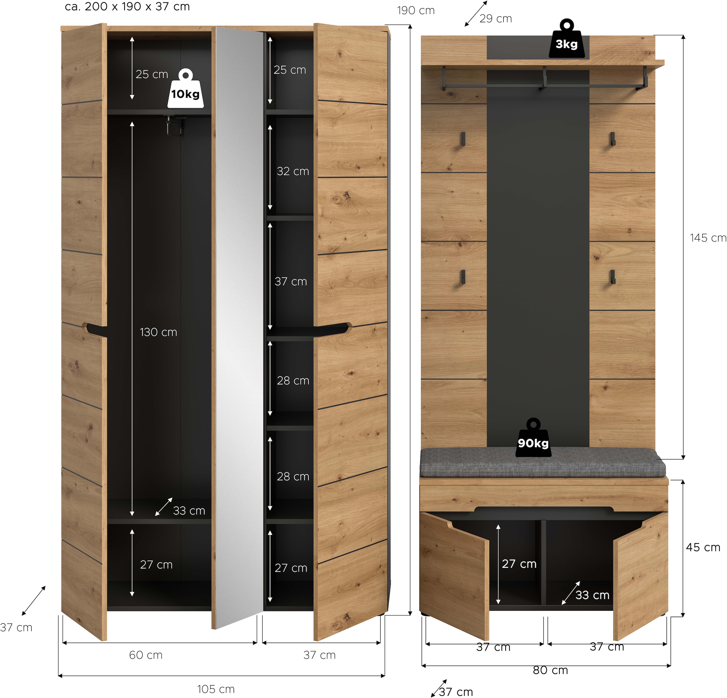 Home affaire Garderoben-Set »REHAT, TOPSELLER!, 4-teilig, Breite 200 cm, individuell stellbar« Set, best. aus: Garderobenschrank, Sitzbank, Sitzkissen & Garderobenpaneel, 4 Stk. tlg.