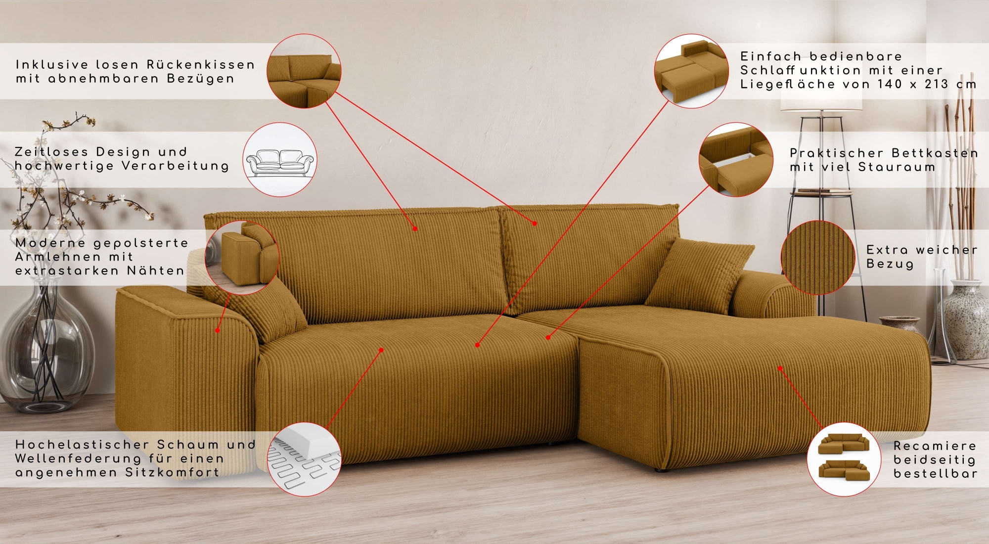 Home affaire Ecksofa »Santenay mit Bettfunktion und Bettkasten, Masse: B/T/H 266/164/90 cm«, L-Form mit Wellenfederung, Schlaffläche: 140x213 cm, auch in Cord