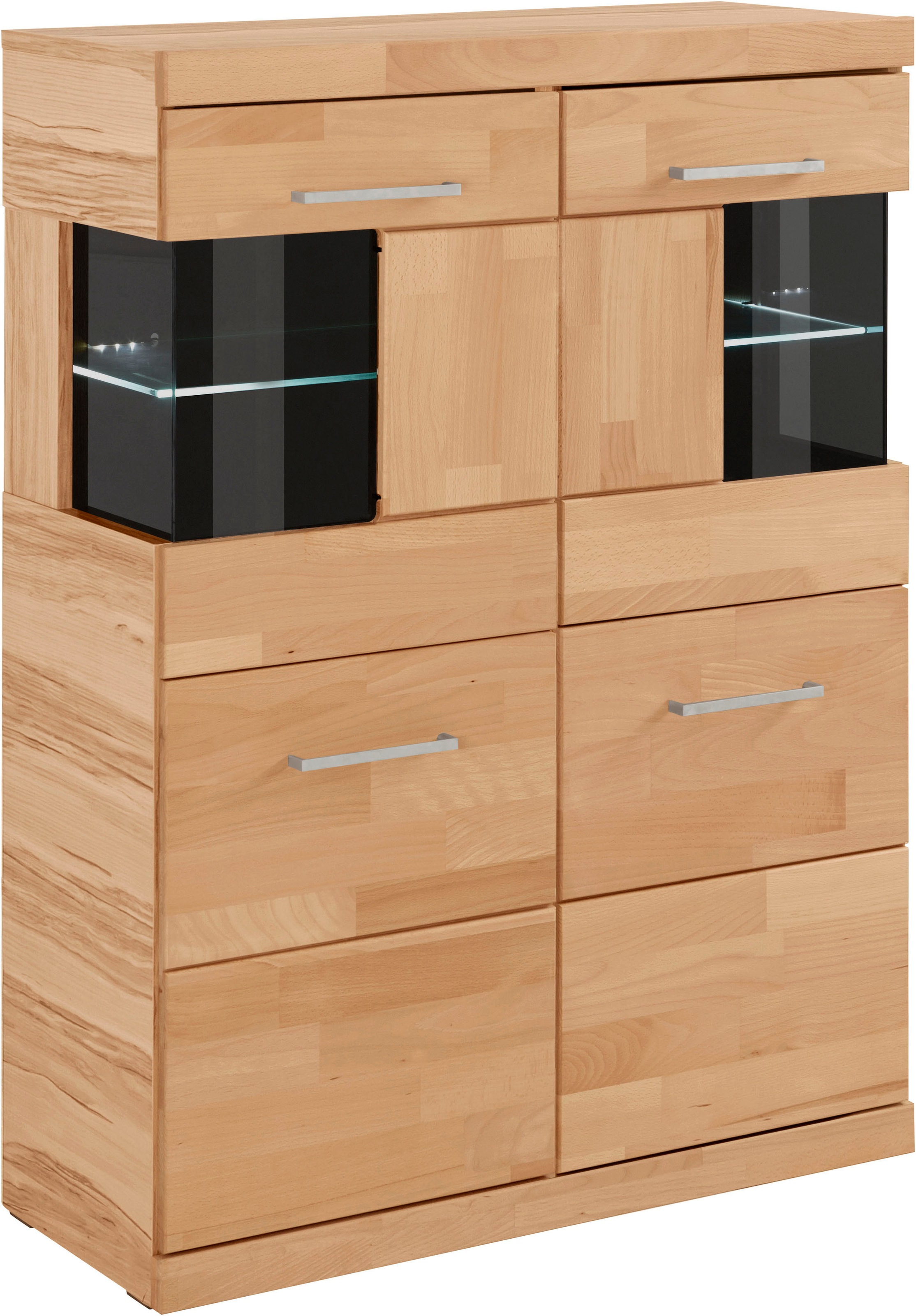 Image of GOODproduct Highboard "Ribe,85cm breit,115cm hoch, Fronten Massivholz,4 breite Fächer" Korpus Holzwerkstoff,2Türen mit Glaseinsatz, Böden versetzbar