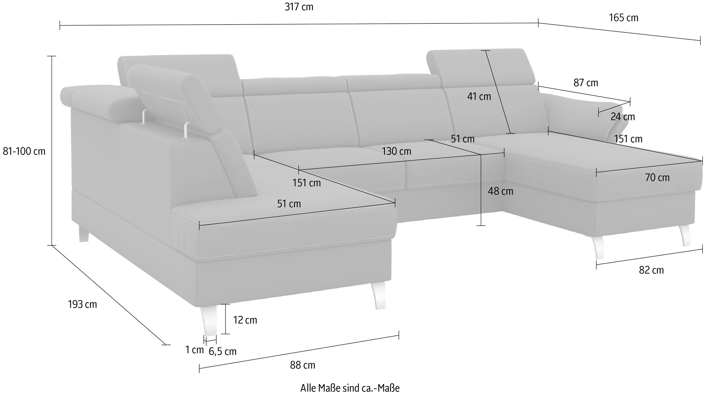 sit&more Wohnlandschaft »Vincenzo U-Form«, inklusive Kopfteilverstellung, wahlweise mit Bettfunktion, Bettkasten