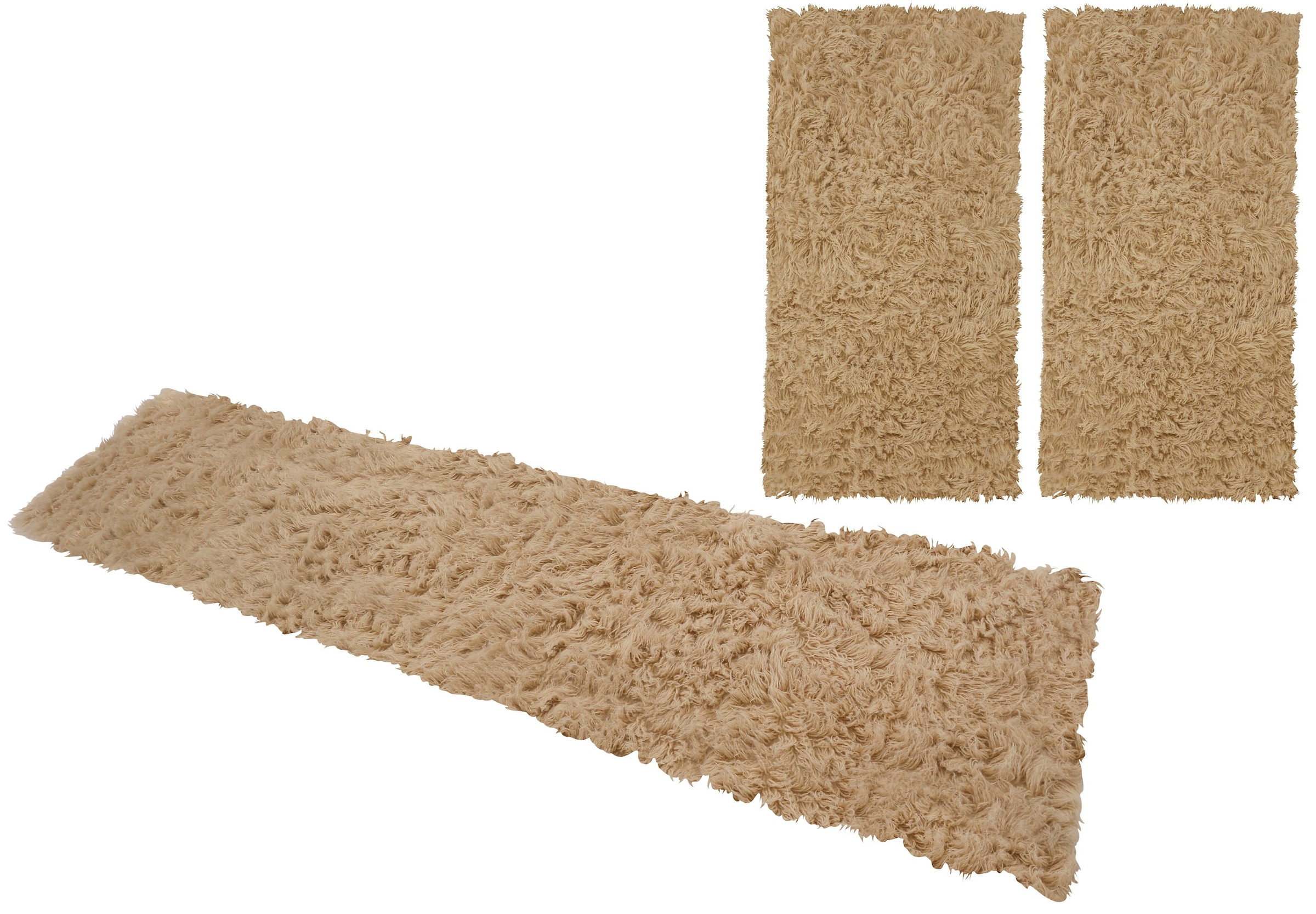 Böing Carpet Bettumrandung »Flokati 1500 g«, (3 tlg.), Bettvorleger, Läufer-Set, Uni-Farben, reine Wolle, handgewebt