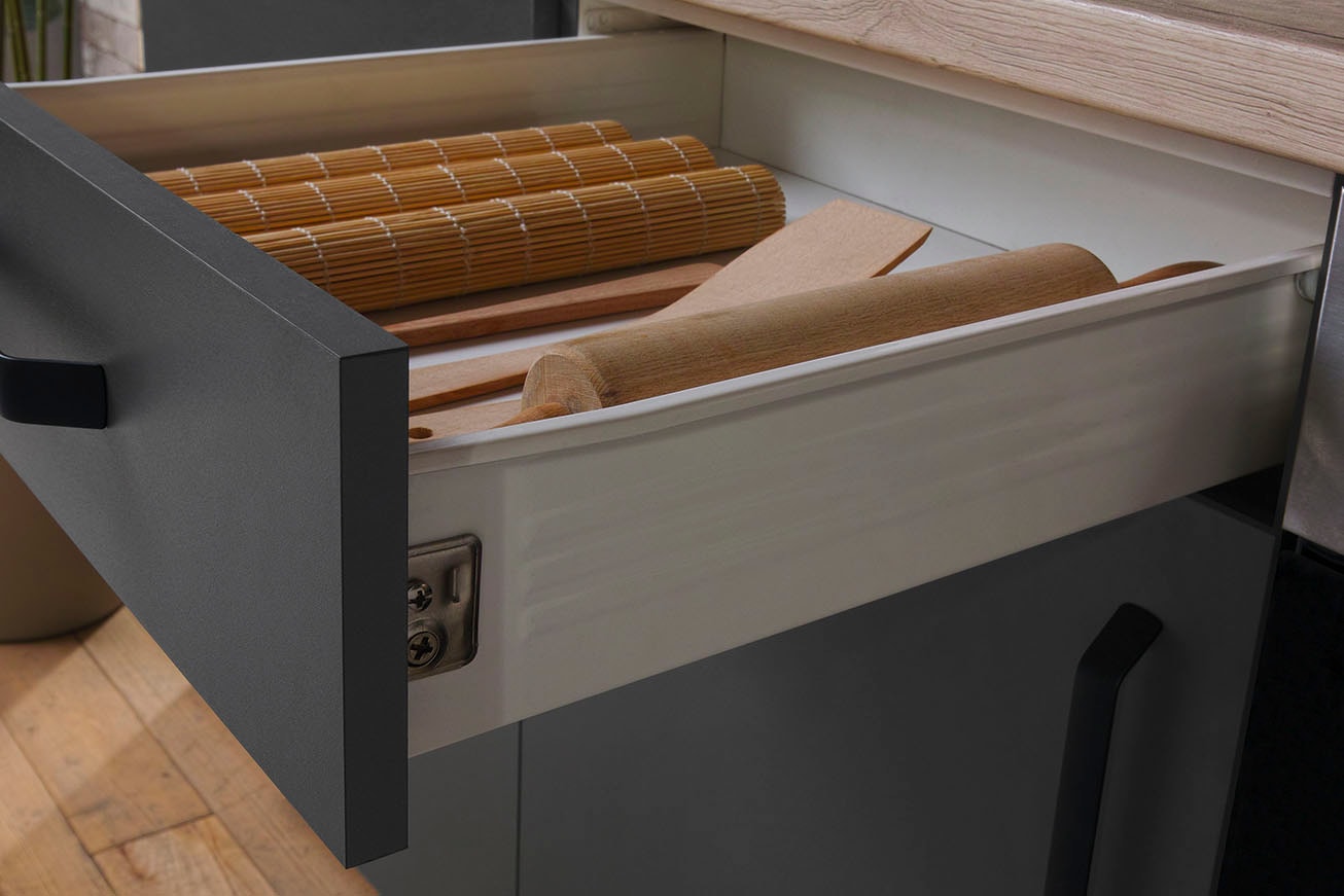 wiho Küchen Winkelküche »"Simi", mit verstellbaren Füssen, wahlweise mit E-Geräten« Soft-Close-Funktion in Schubkästen & Auszügen, Stellbreite 285/175 cm