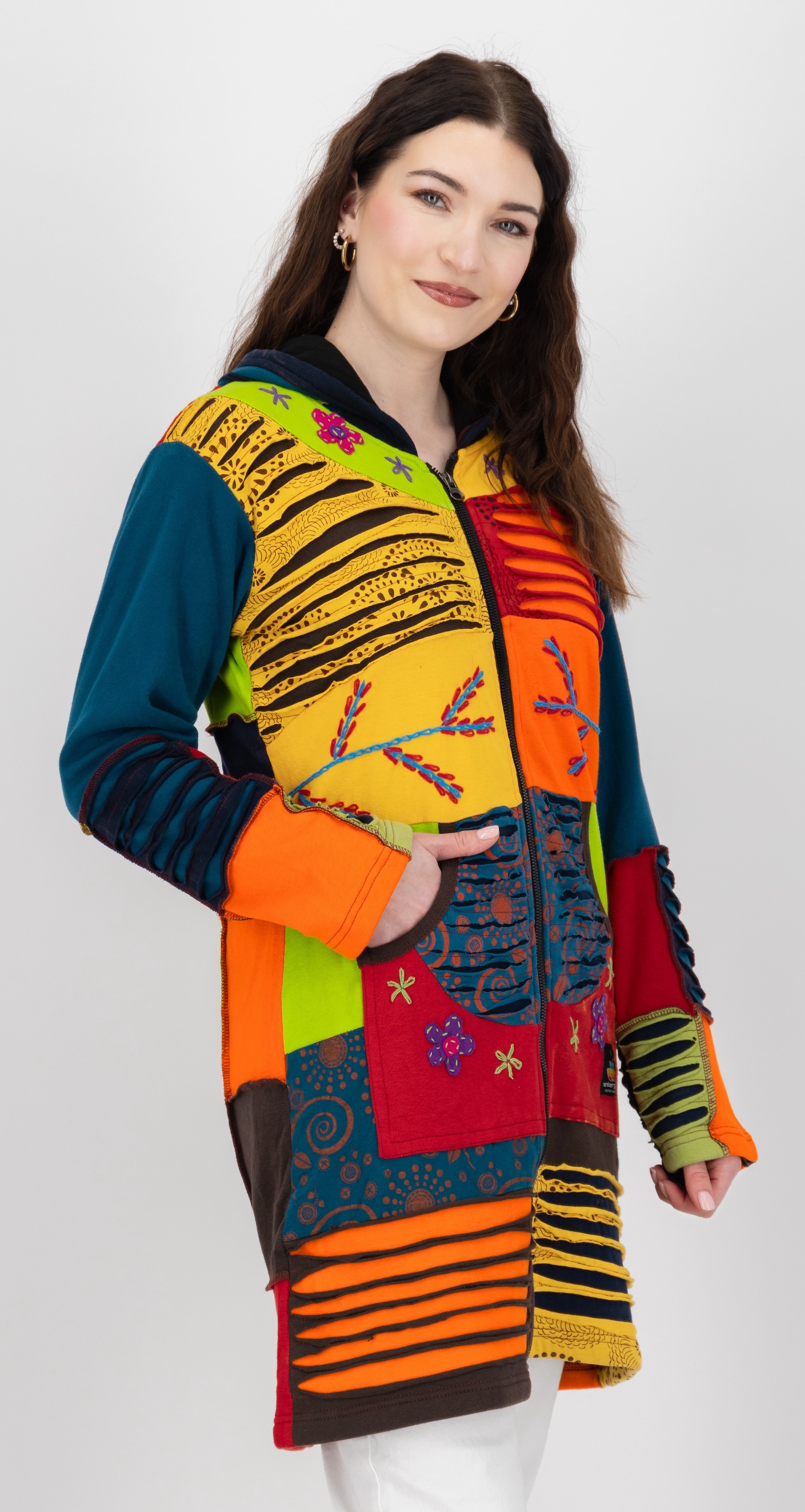DEPROC Active Fleecejacke »Patchwork NUNAVUT LONG WMN« mit Kapuze auch in Grossen Grössen erhältlich