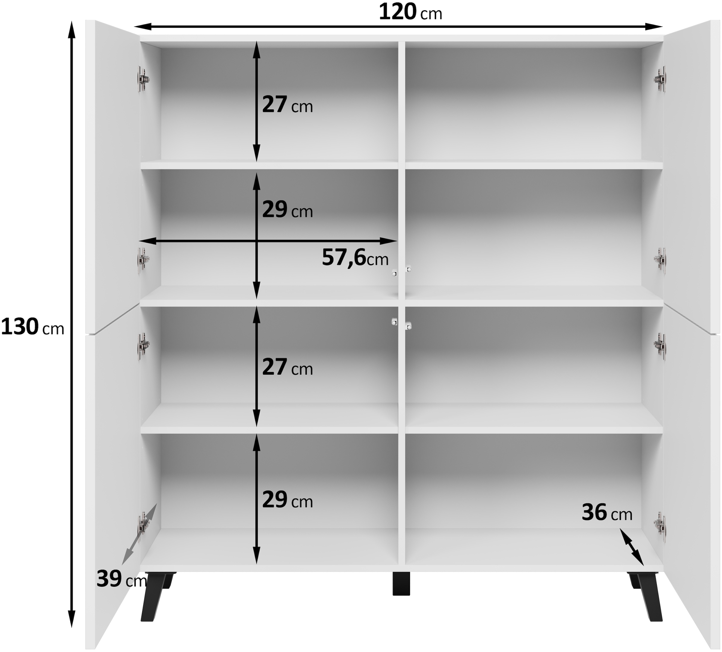 Home affaire Buffet haut »HIGHBOARD PHUKET II, Stilvolle, grifflose Hochkommode, Breite 120cm« Avec 4 portes et 8 compartiments avec étagères réglables en hauteur