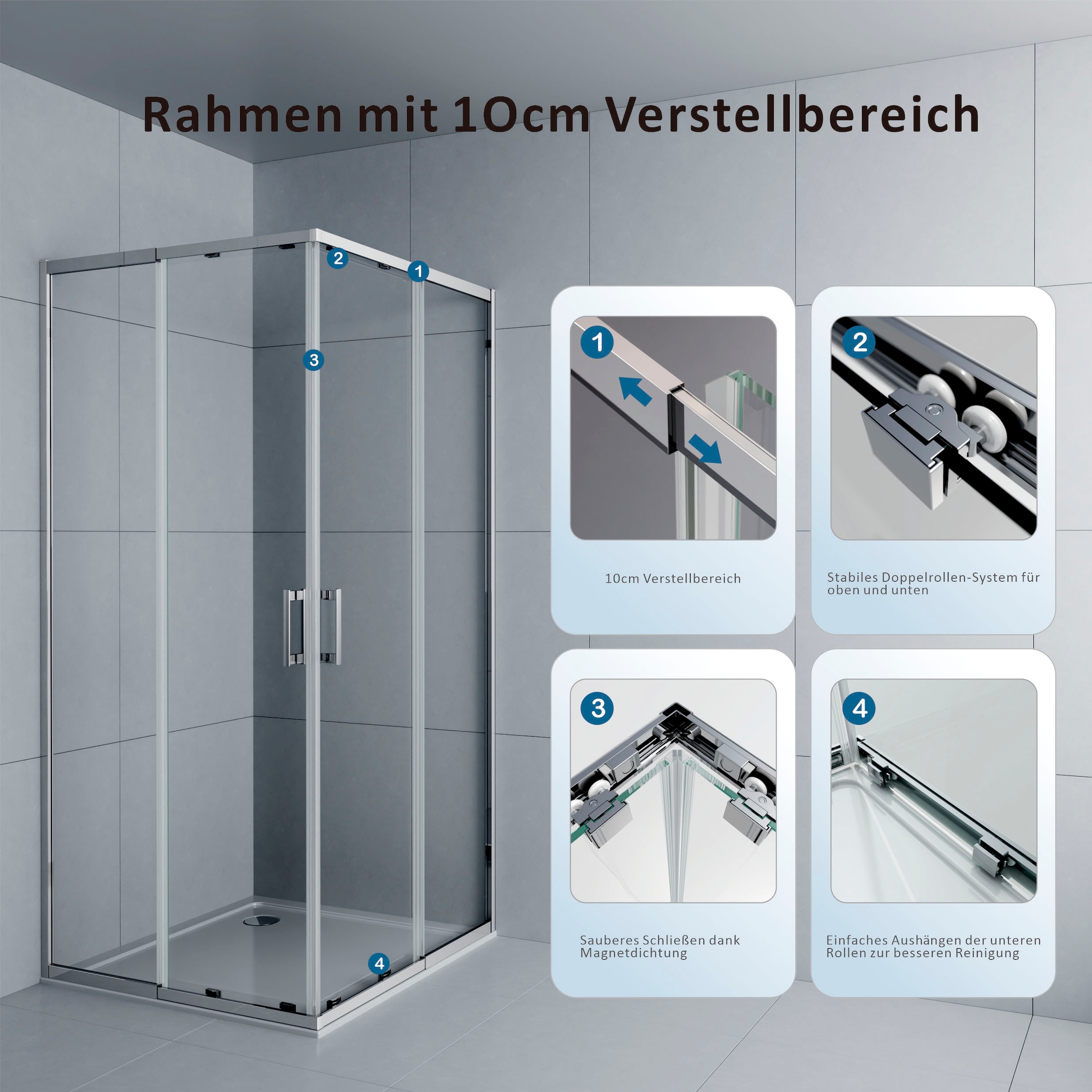 welltime Douche d'angle »Trento Slimline« Plage réglable 80-90 cm, verre trempé 5 mm, système de roulettes amélioré