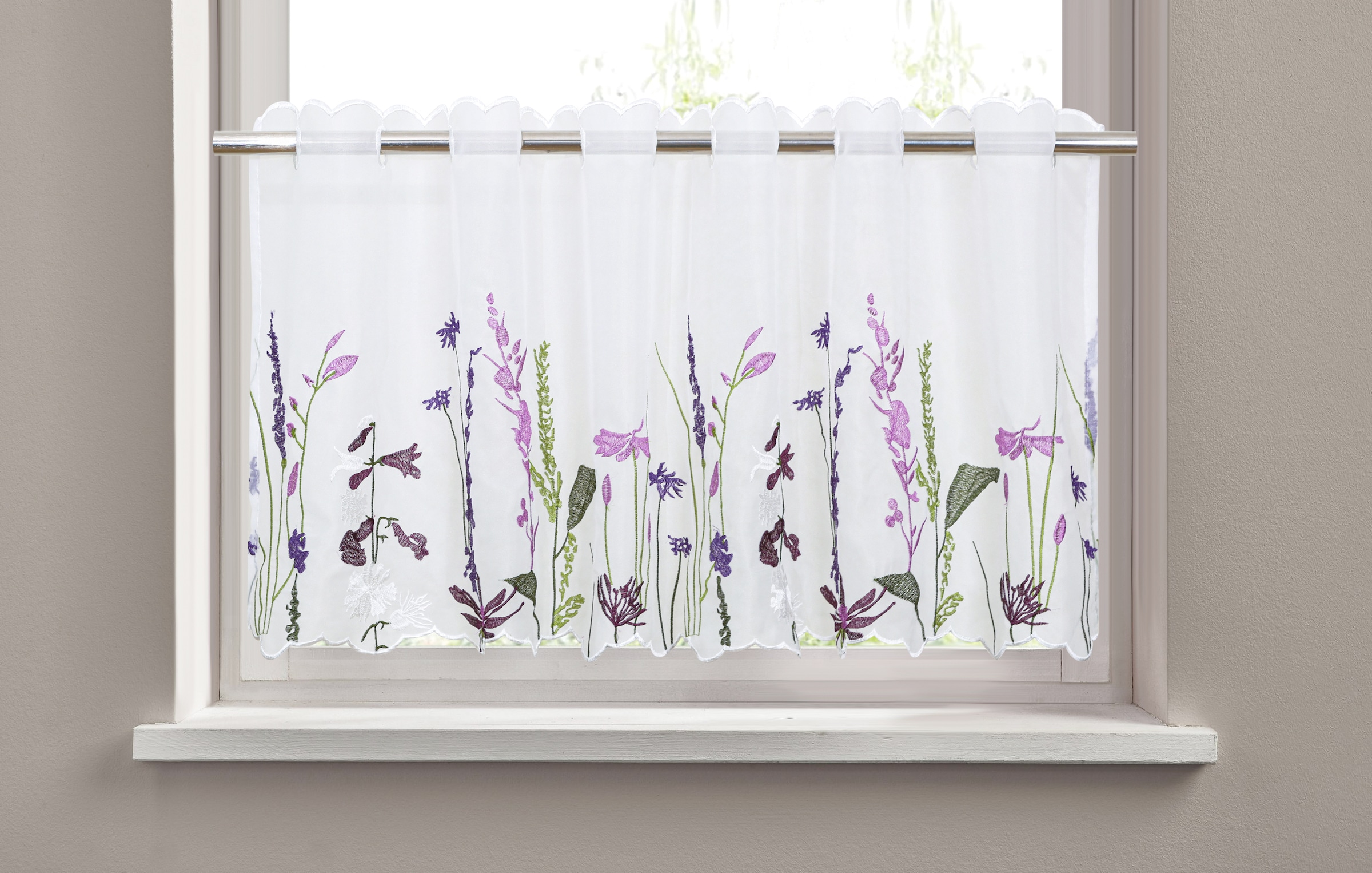 GOODproduct Rideau à vitres »Bille« Orifices de passage 1 cuis tlg. transparent, avec broderie unilatérale, lavable, fleurs
