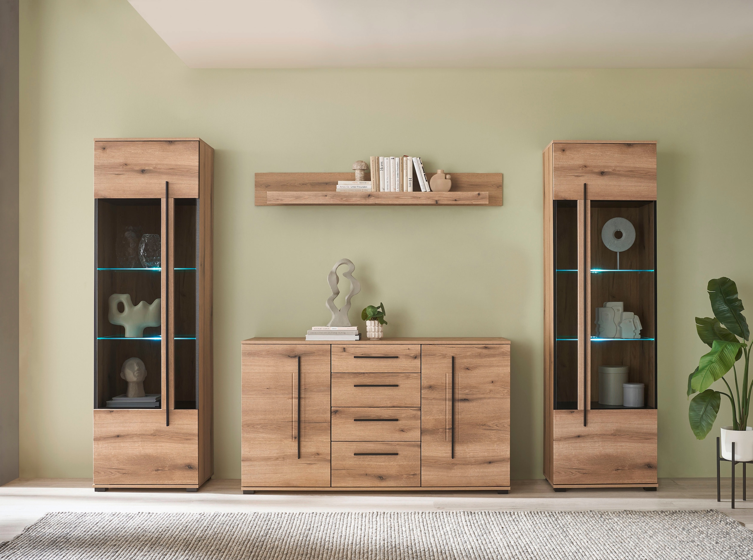 INOSIGN Wohnwand »Cantara, moderne Anbauwand, Wohnzimmer-Set, in Eiche Evoke oder Weiss«, (Set), enthält zwei Vitrinen, ein Sideboard und ein Wandboard