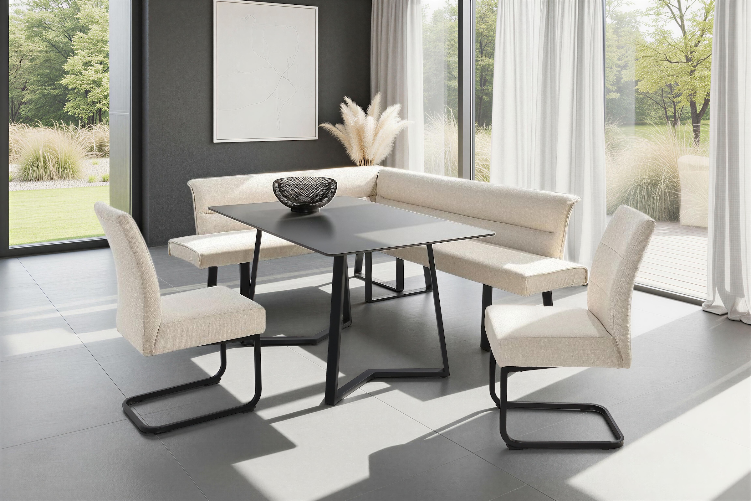 GOODproduct Eckbankgruppe »Tisch, Bank und 2 Stühle, Taschenfederkern« Set, 4 tlg. Tisch (140x90cm) schwarz, Bank und Stühle anthrazit oder beige