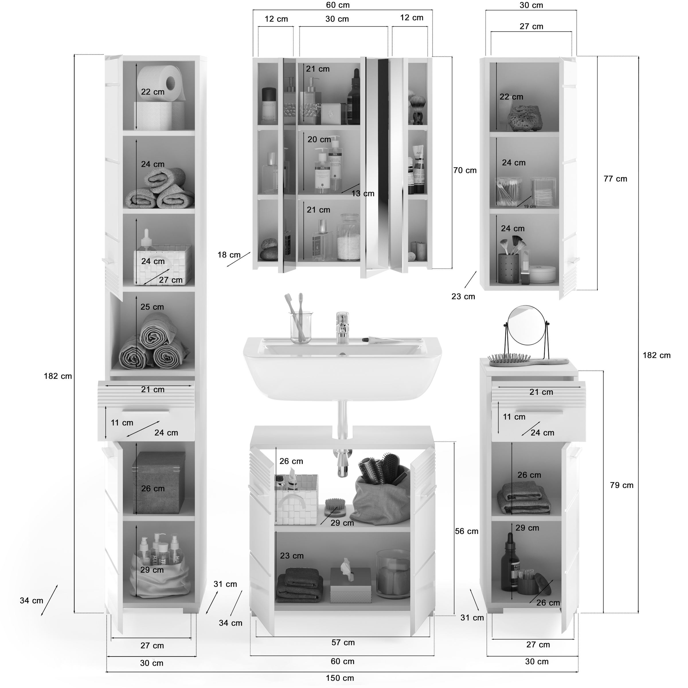 INOSIGN Badmöbel-Set »Malmö, 5 teilig, bestehend aus:«, (Set, 5 St.), Hochschrank, WBU, Spiegel, Unterschrank, Hängeschrank