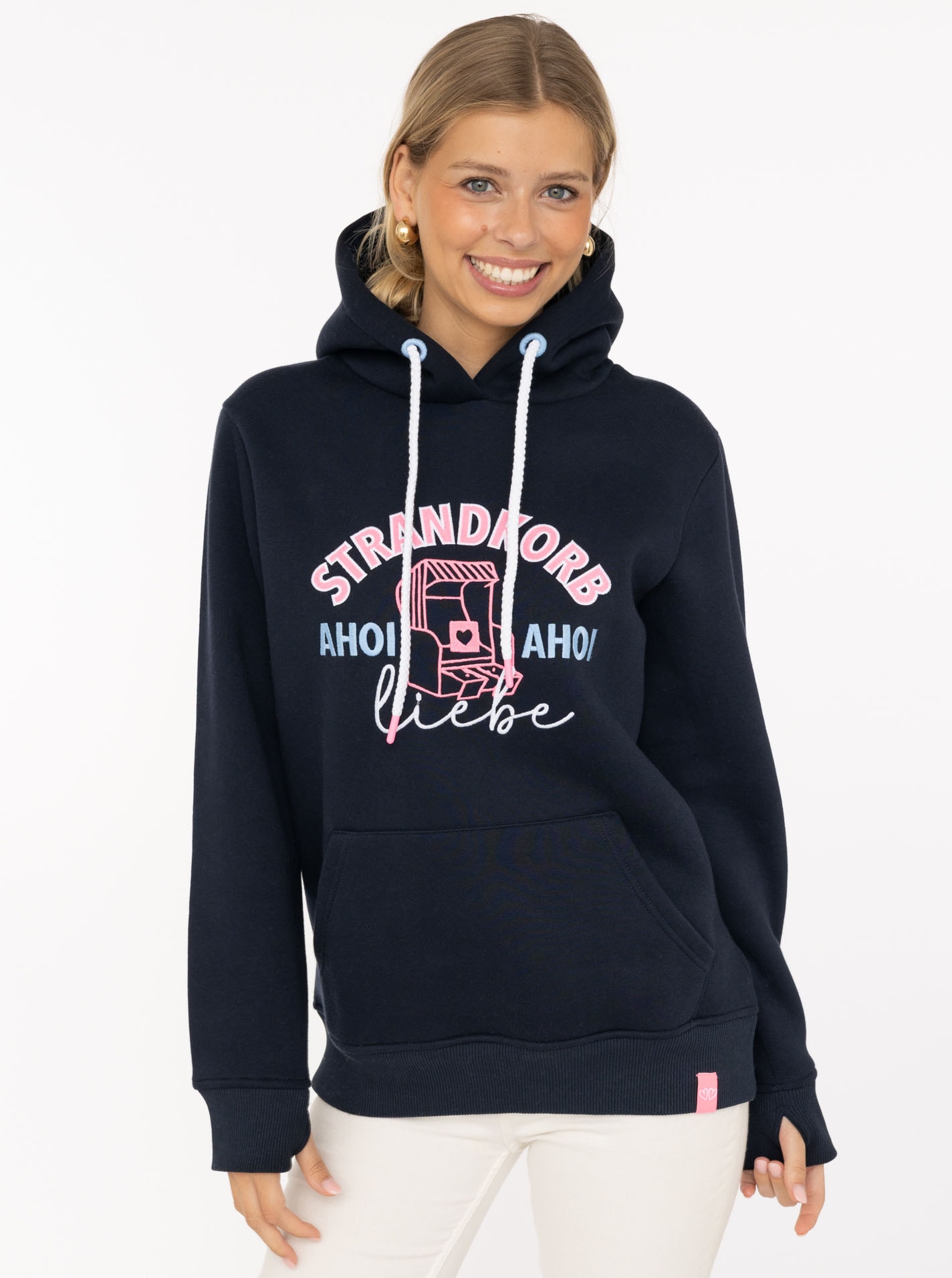 Image of Zwillingsherz Hoodie ""Strandkorb"", maritime Stickerei, Rippbündchen, Kängurutasche, Kapuze
