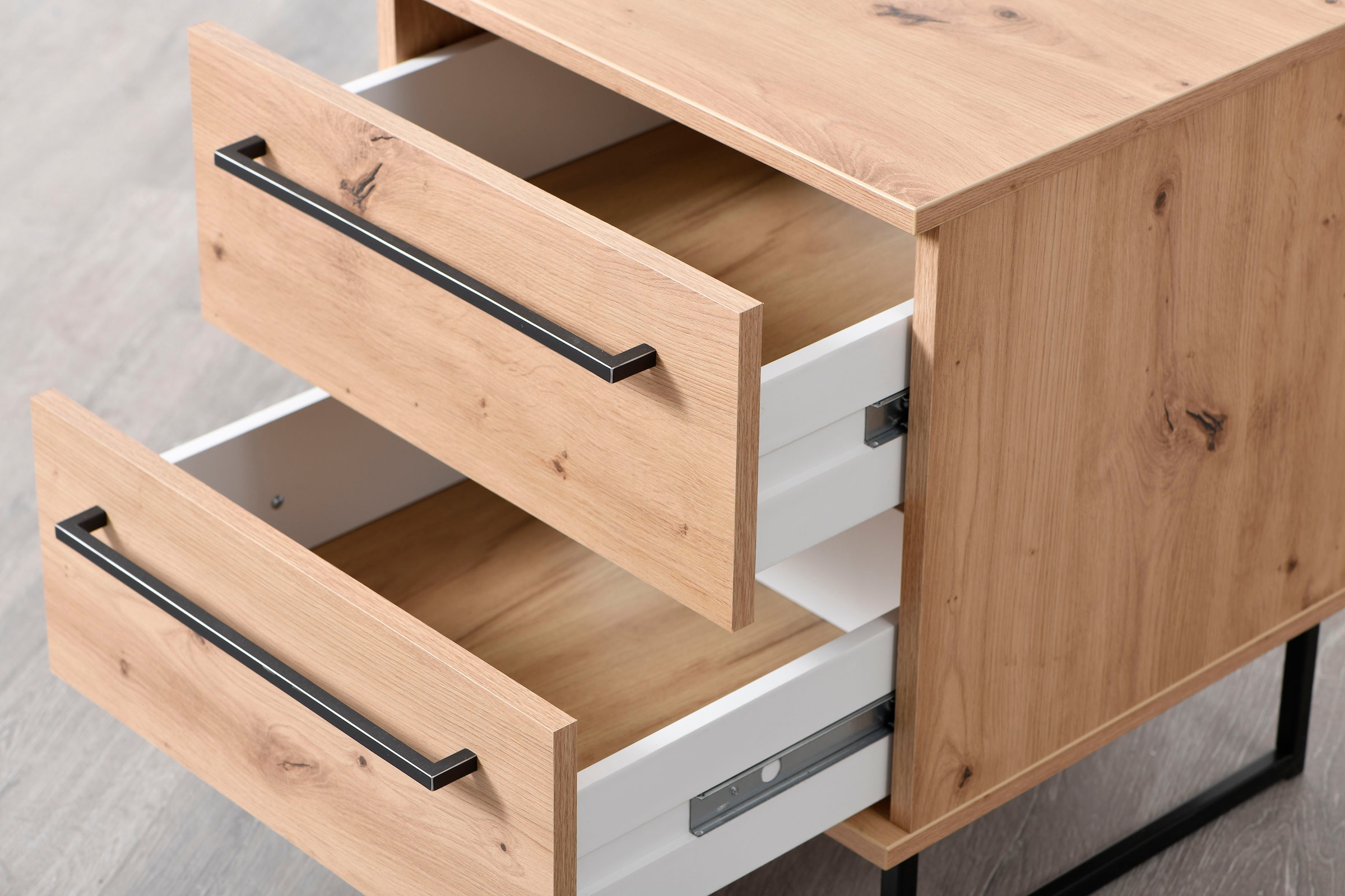 INOSIGN Nachtkommode »Sardinia, Nachtschrank, Masse (B/T/H): 45,5/35/54 cm«, (FSC-zertifizierter Holzwerkstoff), mit 2 Schubladen, Metallgriffe und Metallfüsse in Kufenform