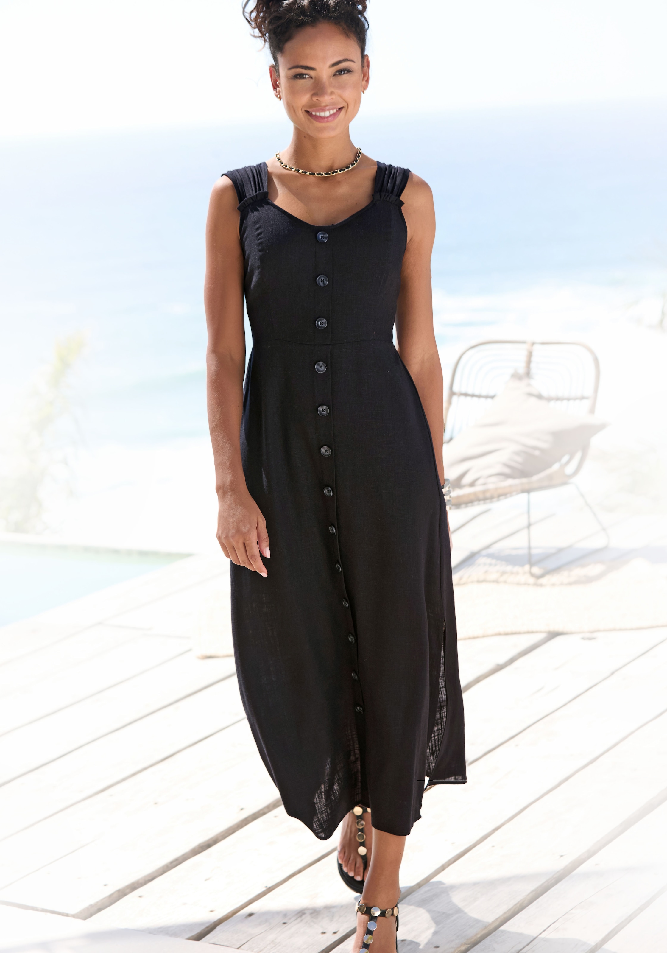 Image of LASCANA Maxikleid "mit breiten Trägern aus Webware mit Leinenanteil" Ohne Taschen Elegantes Sommerkleid, Leinenkleid, Trägerkleid
