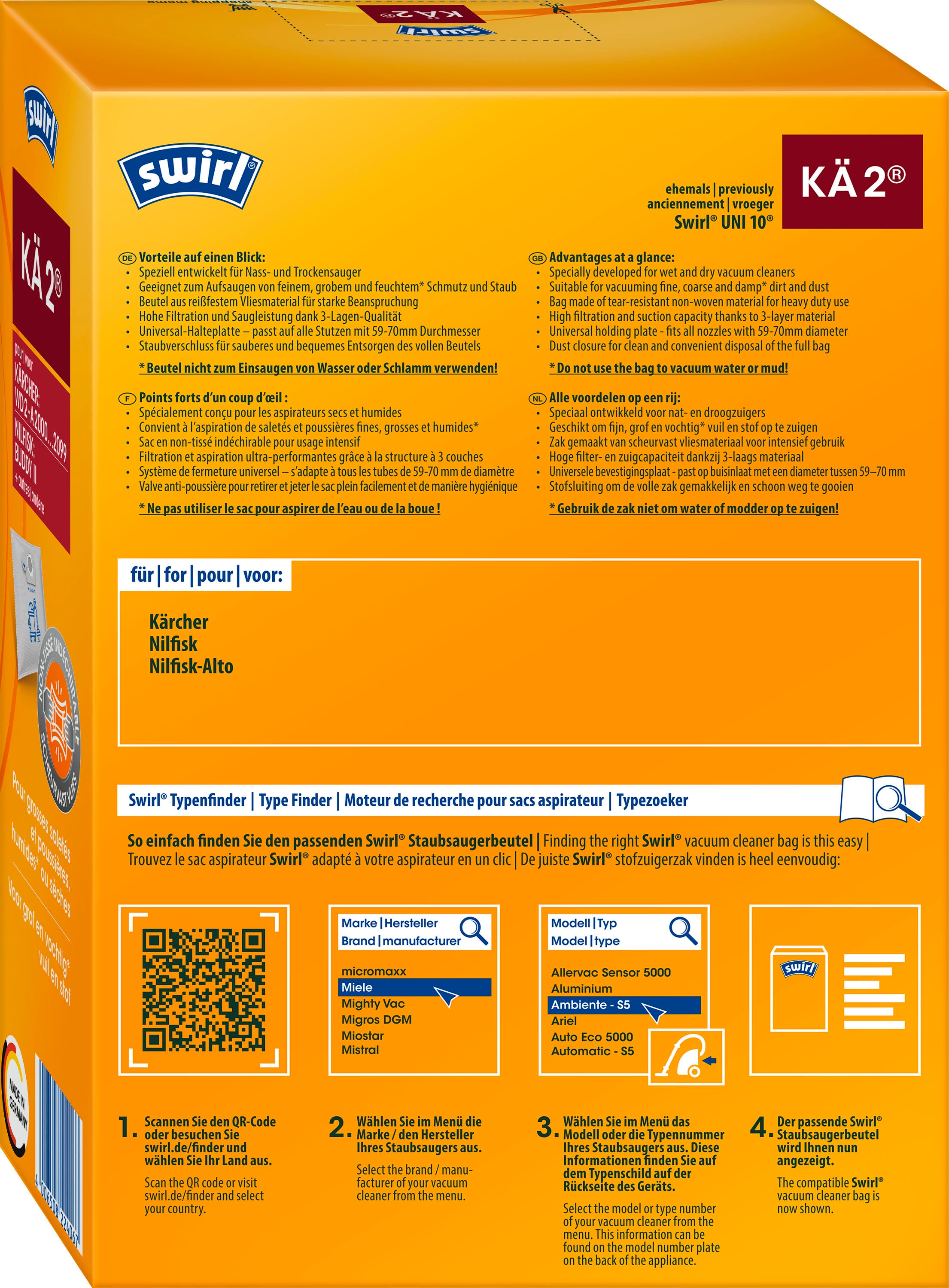 Swirl Staubsaugerbeutel »KÄ 2®«, (Packung, 3 St.), Staubsaugerbeutel für Kärcher & Nilfisk Nass- und Trockensauger