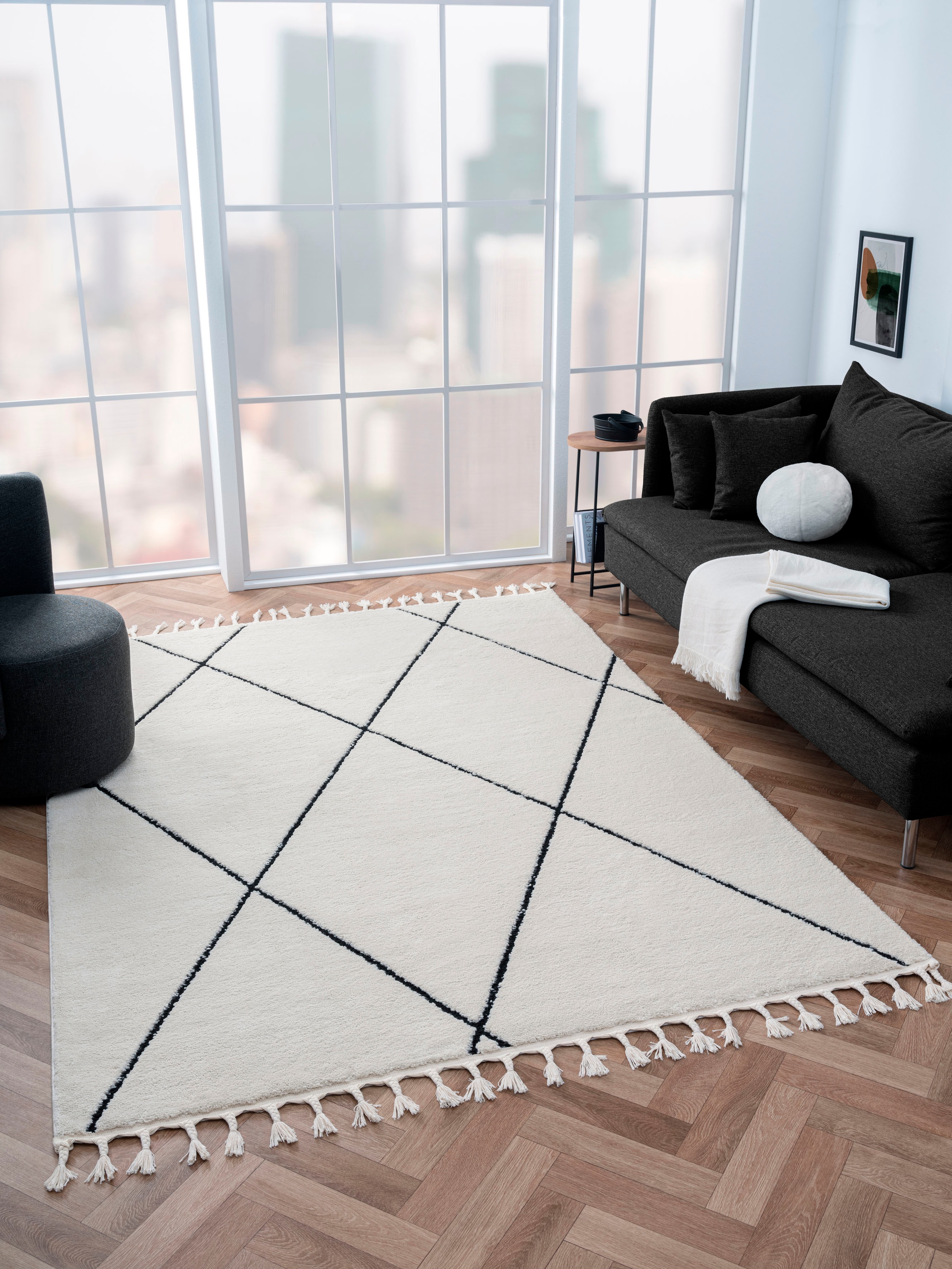 Image of Myflair Möbel & Accessoires Hochflor-Teppich "Moroccan Pattern" rechteckig 24 mm Höhe modern, marokkanisches Design, Rauten Muster, weich, mit Fransen