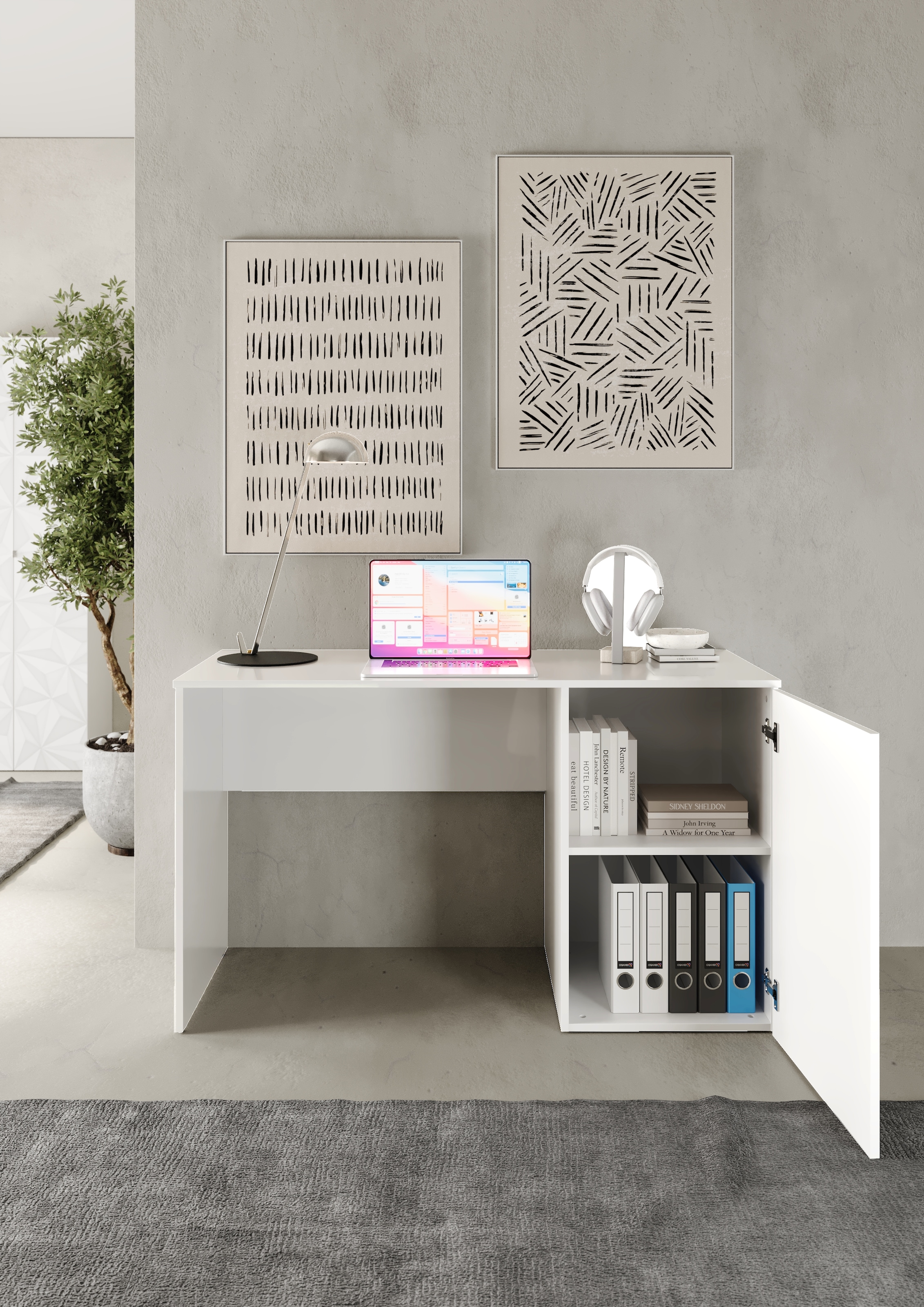 INOSIGN Schreibtisch »Prisma, Breite 120 cm, Tiefe 50 cm, mit Stauraum (1 Tür - 2 Fächer),« Computertisch, Arbeitstisch, Schminktisch, Tür mit Siebdruck