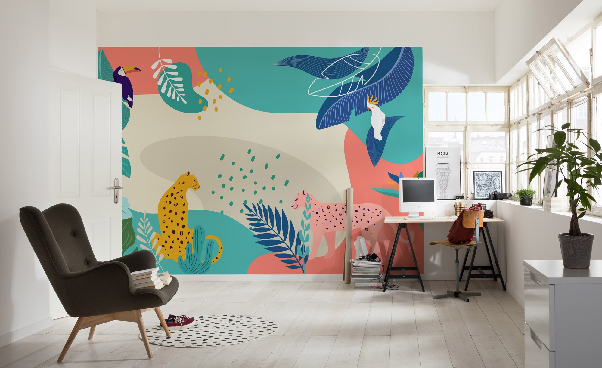 Image of Komar Fototapete "Jungle Rendezvous" bedruckt glatt 350 x 250 cm (Breite x Höhe) - Tapete, Vlies, Wohnzimmer, Schlafzimmer