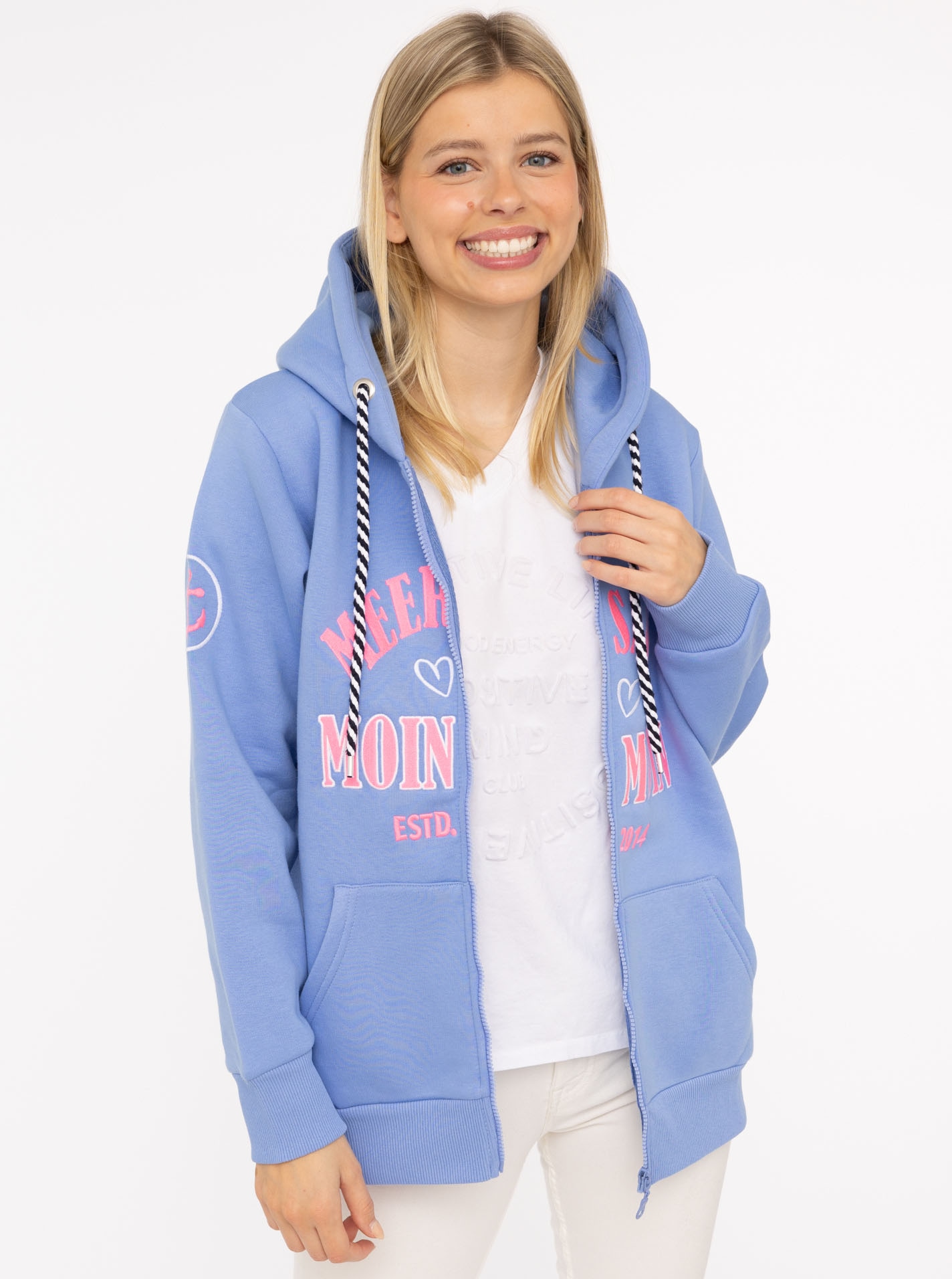 Zwillingsherz Veste sweat »"Moin Moin"« capuche, manches longues, fermeture éclair, mode, marin, cordon de serrage