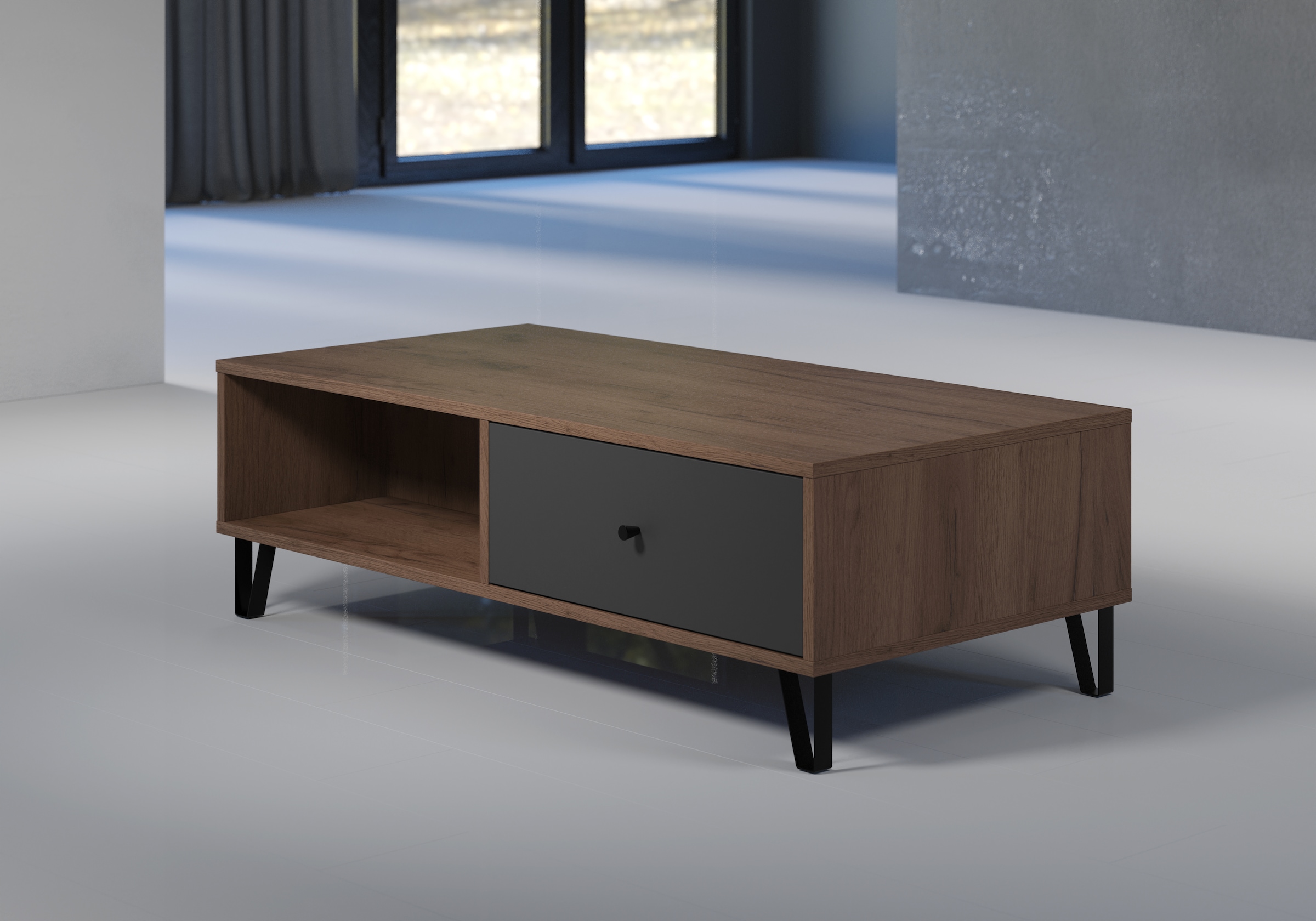 Places of Style Couchtisch »Molveno«, (1 St.), Sofatisch mit 2 Fächern, Schubladen und extravaganten Metall-Füssen