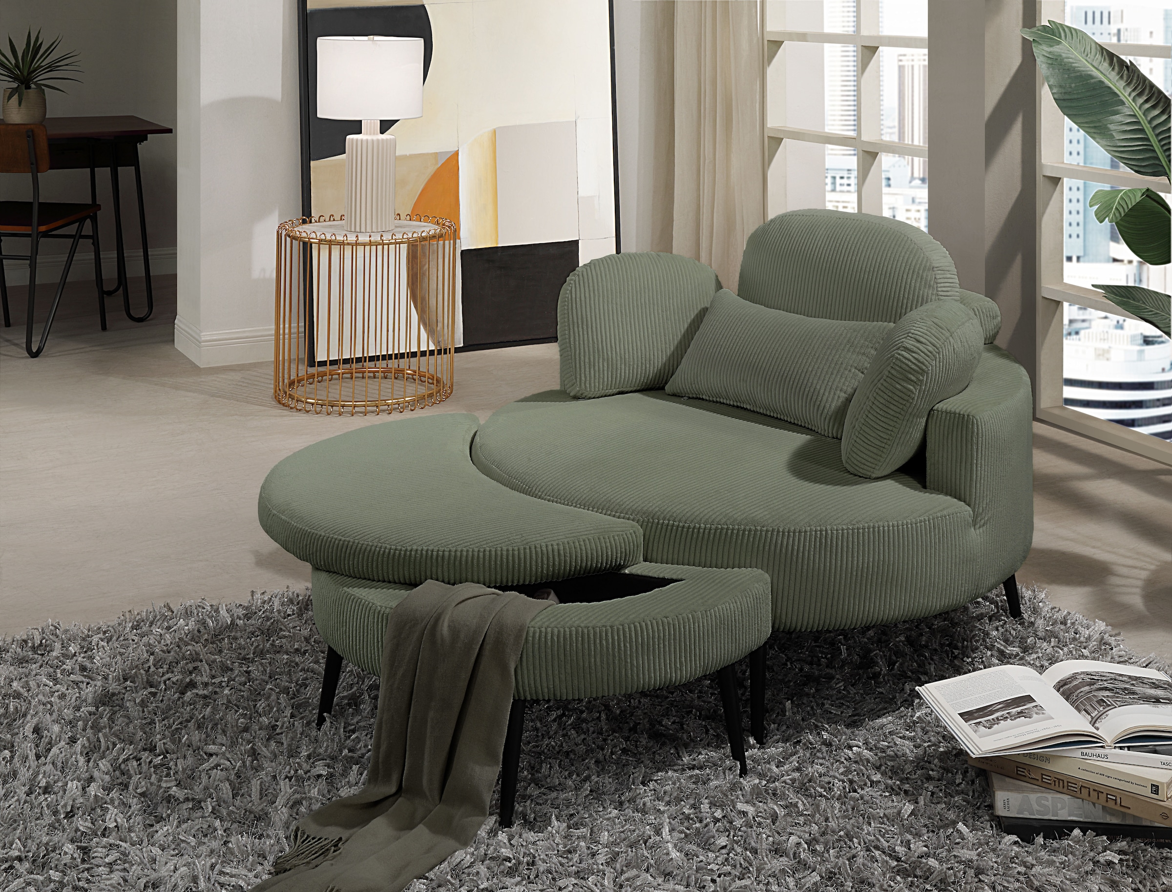 GOODproduct Canapé 2 places »Riko Sessel, B: 110 cm, Sitzhöhe: 44 cm« XXL- Sessel, mit Stauraumhocker, Rückenstütze & 4 Zierkissen