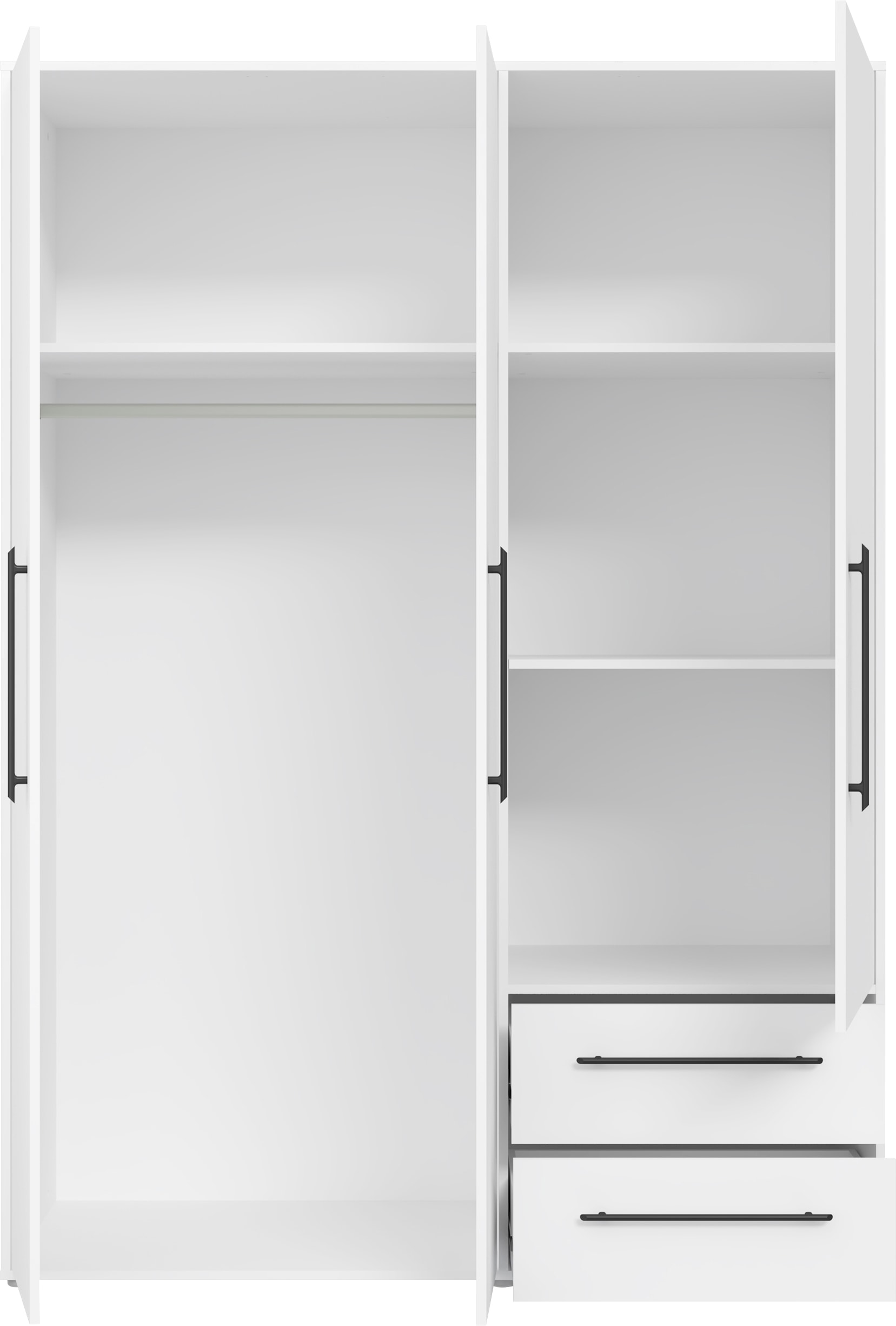 FORTE Armoires à vêtements »Mokkaris , Garderobe, zeitloses Design, 3 Türen, Made in Europe« L/H/P env. 144x200x59 cm,  Deux tiroirs, poignées barres noires, rangement, aussi en noir