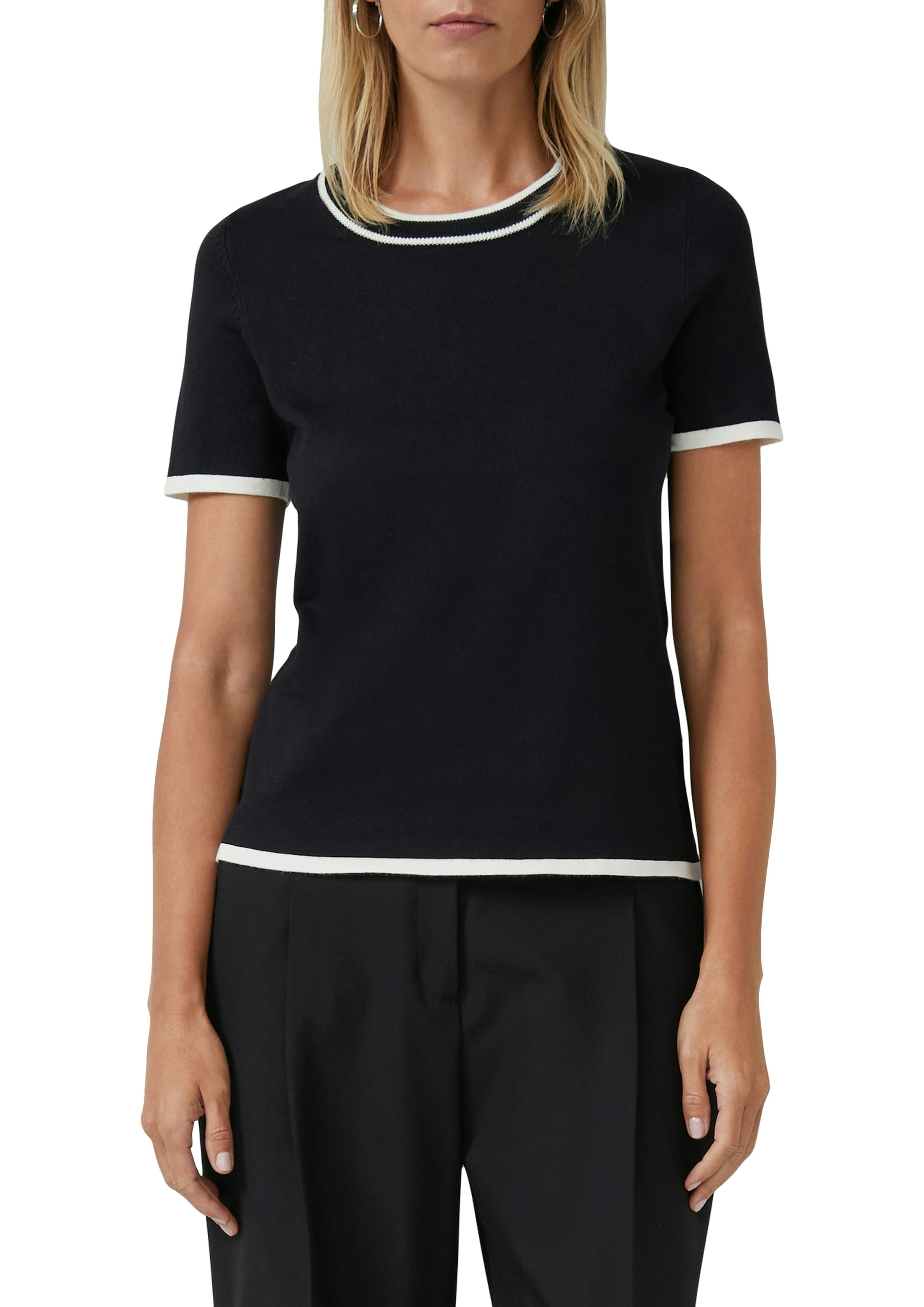 s.Oliver BLACK LABEL Kurzarmpullover Feinstrick, Rundhals mit kontrastfarbenen Bündchen