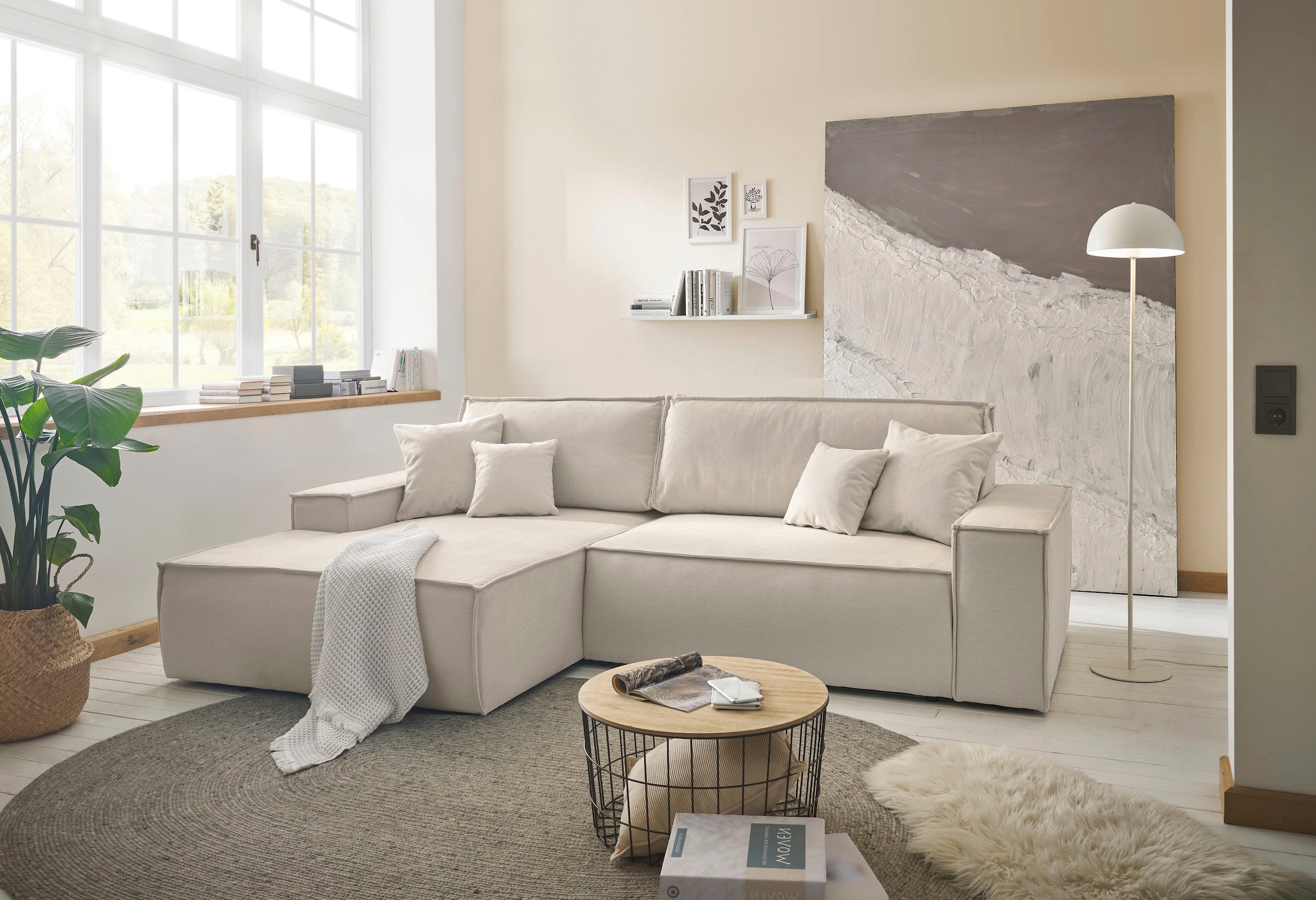 andas Canapé d'angle »FINNLEY Schlafsofa 267 cm, L-Form mit Schlaffunktion & Bettkasten« verfügbar in den Stoffqualitäten Bouclé, Struktur fein und Mega Cord