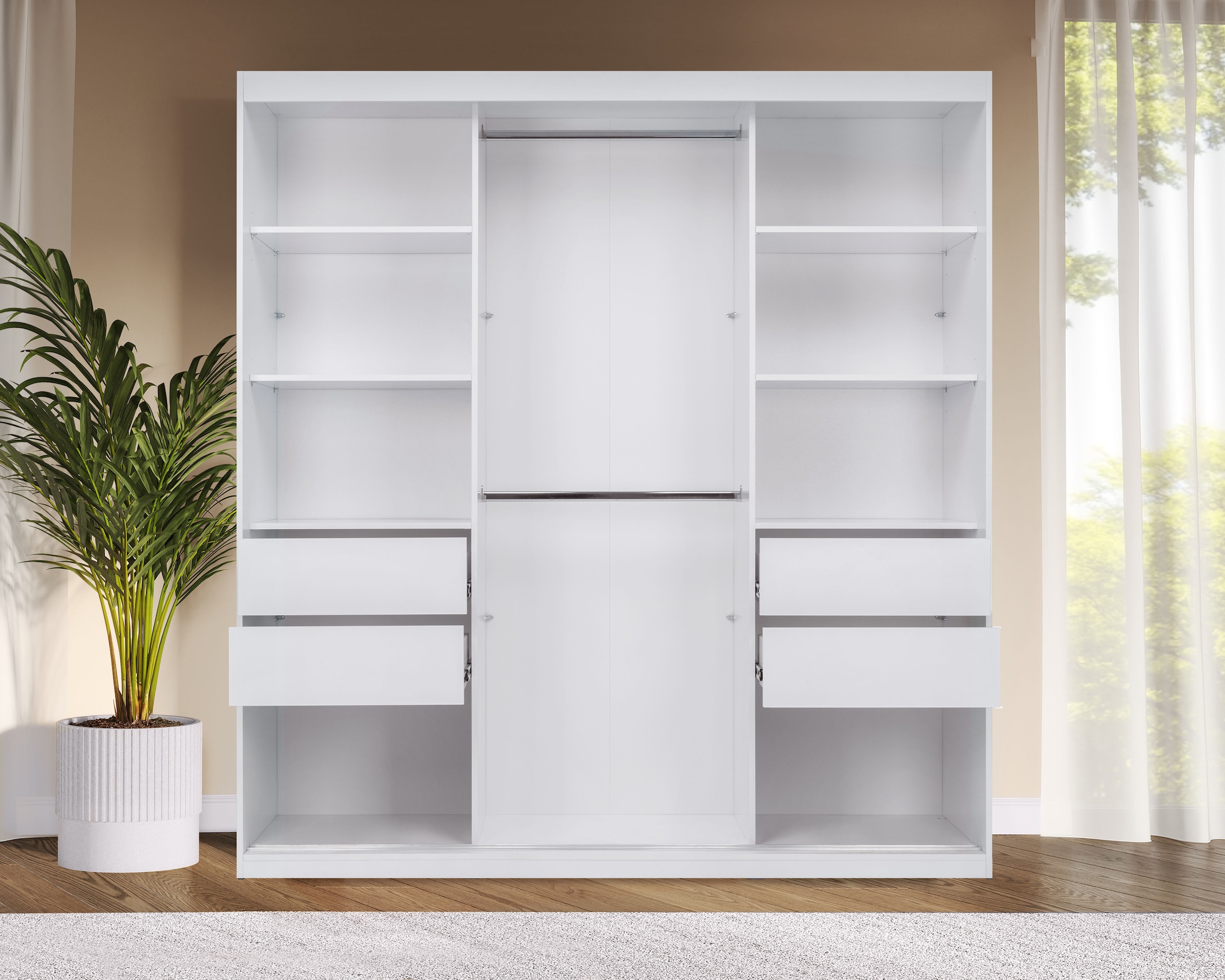 GOODproduct Schwebetürenschrank »Tonara Schrank, Kleiderschrank 2,00m Breite, Schiebetürenschrank« Schrank mit leichtgängiger Schiebetür, in 4 Farben , Top Ausstattung,  inklusive Spiegeltür, 2 Kleiderstangen, 4 Schubkastenauszügen
