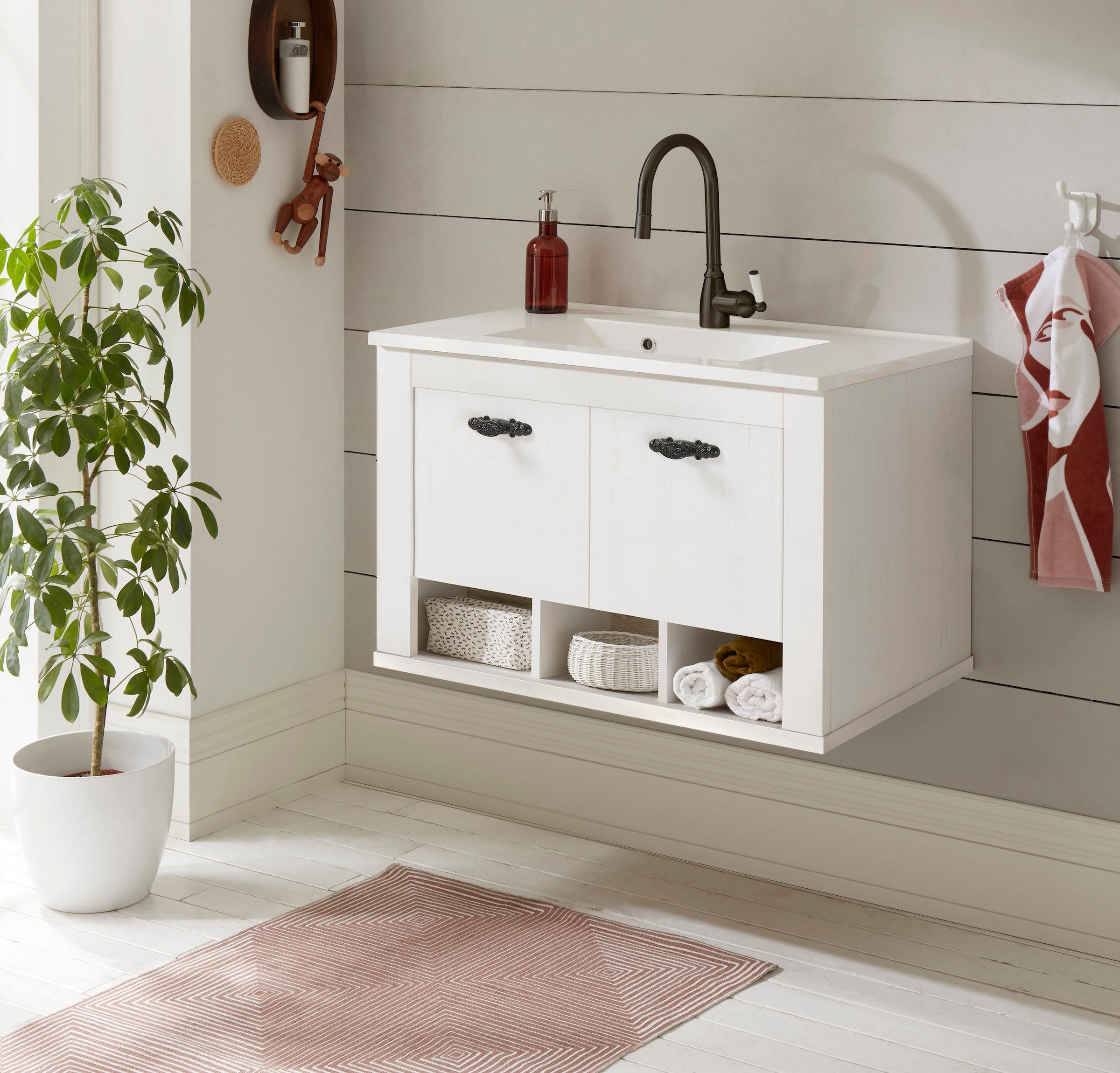 Home affaire Waschtisch »Florenz, Waschbeckenunterschrank inkl. Waschbecken, Metallgriffe«, in Pinie Weiss, hängend, Breite 82 cm, inkl. Mineralgussbecken