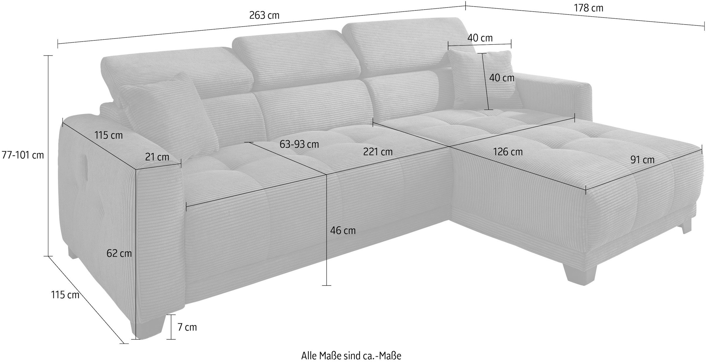 Jockenhöfer Gruppe Canapé d'angle »Cremona L-Form, B: 263 cm, mit 30 cm elektr. Sitztiefenverstellung« capacité de charge 140kg par siège, réglage de l'appuie-tête & prise USB