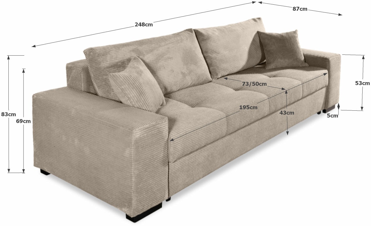 COLLECTION AB Schlafsofa »Kreta, B: 248 cm, Liegefl. 137x195 cm« Schlaffunktion, Bettkasten & 2 Zierkissen, optional mit Topper